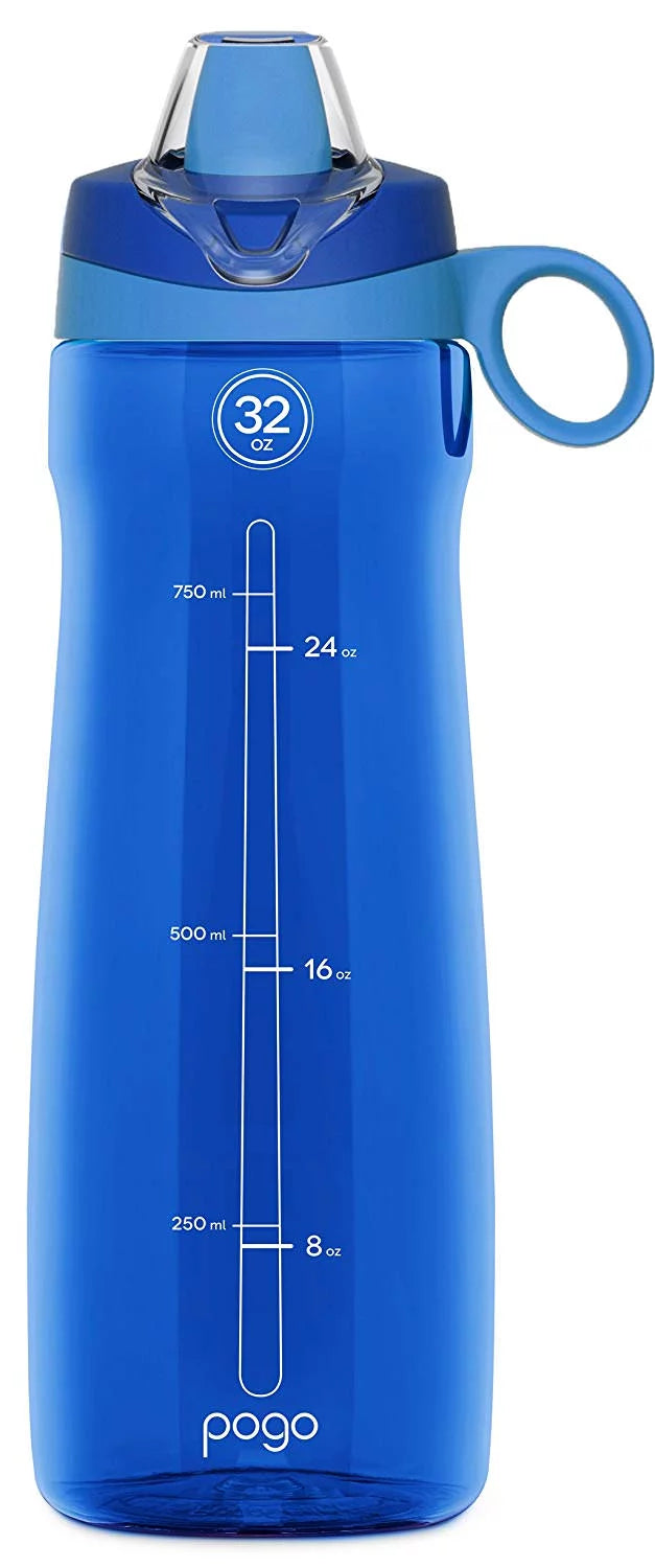 Pogo BPA-Free Plastic Water Bottle with Soft Straw, Blue, 32 oz.