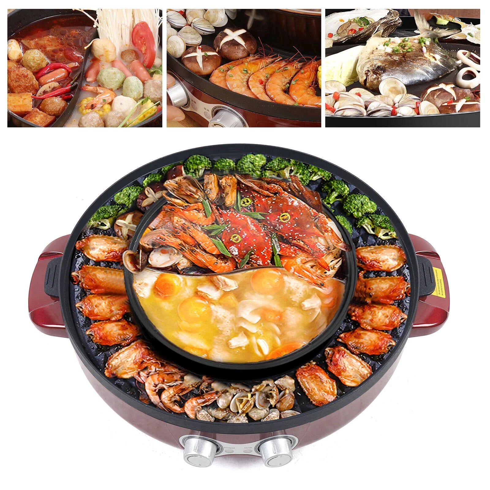 Kitchen 2 in1 Electric Smokeless Grill Hot Pot Barbecue Pan Frying Cooking Tool 2200W