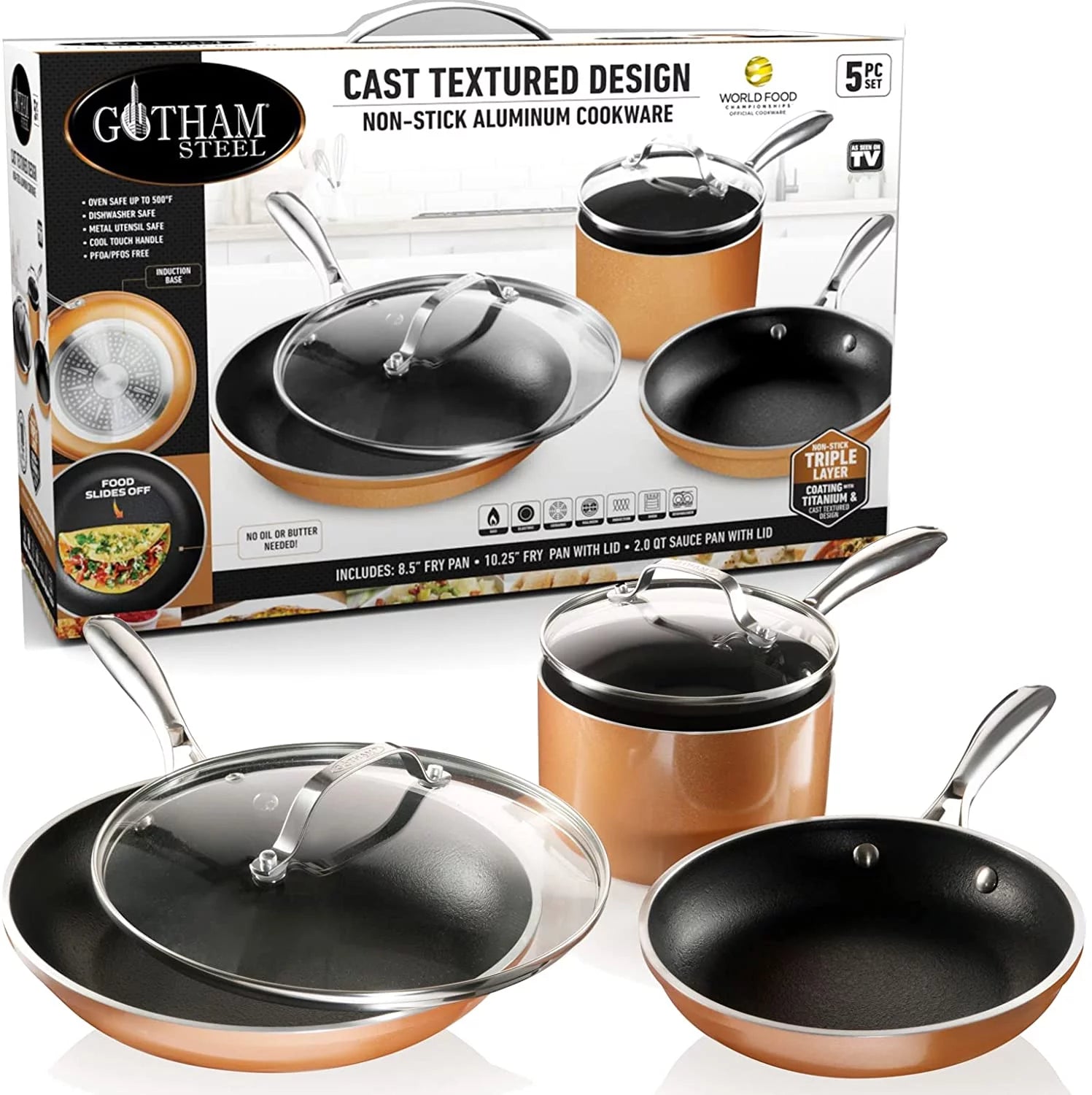 Gotham Steel Copper Cast 5 Piece Cookware Set Non-Stick Pots and Pans Set Dishwasher & Oven Safe
