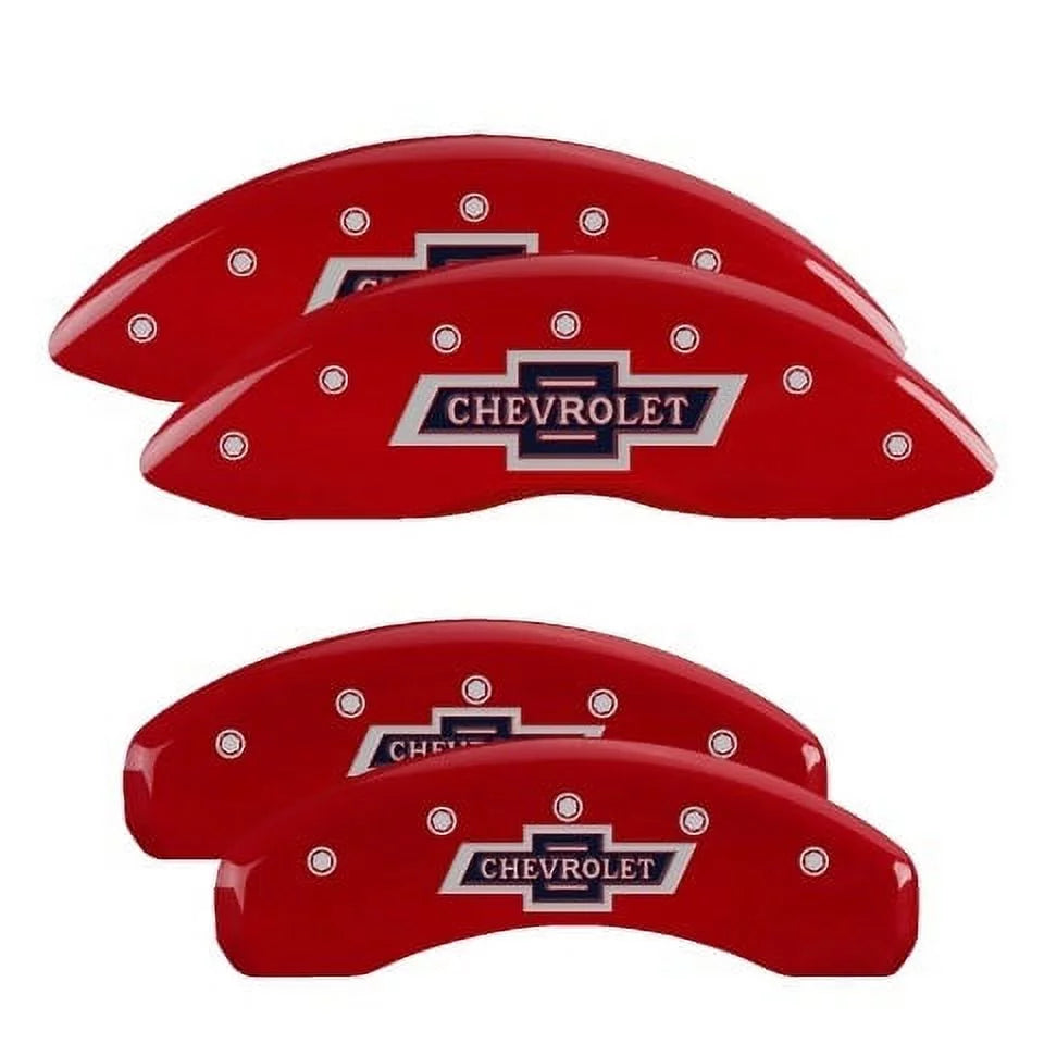 MGP 4 Caliper Covers Engraved F  R 100 Anniversary Red Finish Silver Char 2019 Chevy Silverado 1500