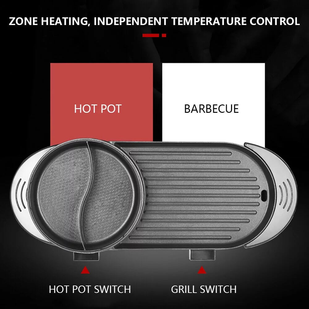 TOOL1SHOoo? 2 in 1 Electric Grill Griddle with Hot Pot Non-Stick Smokeless Healthy Electric Griddle Black