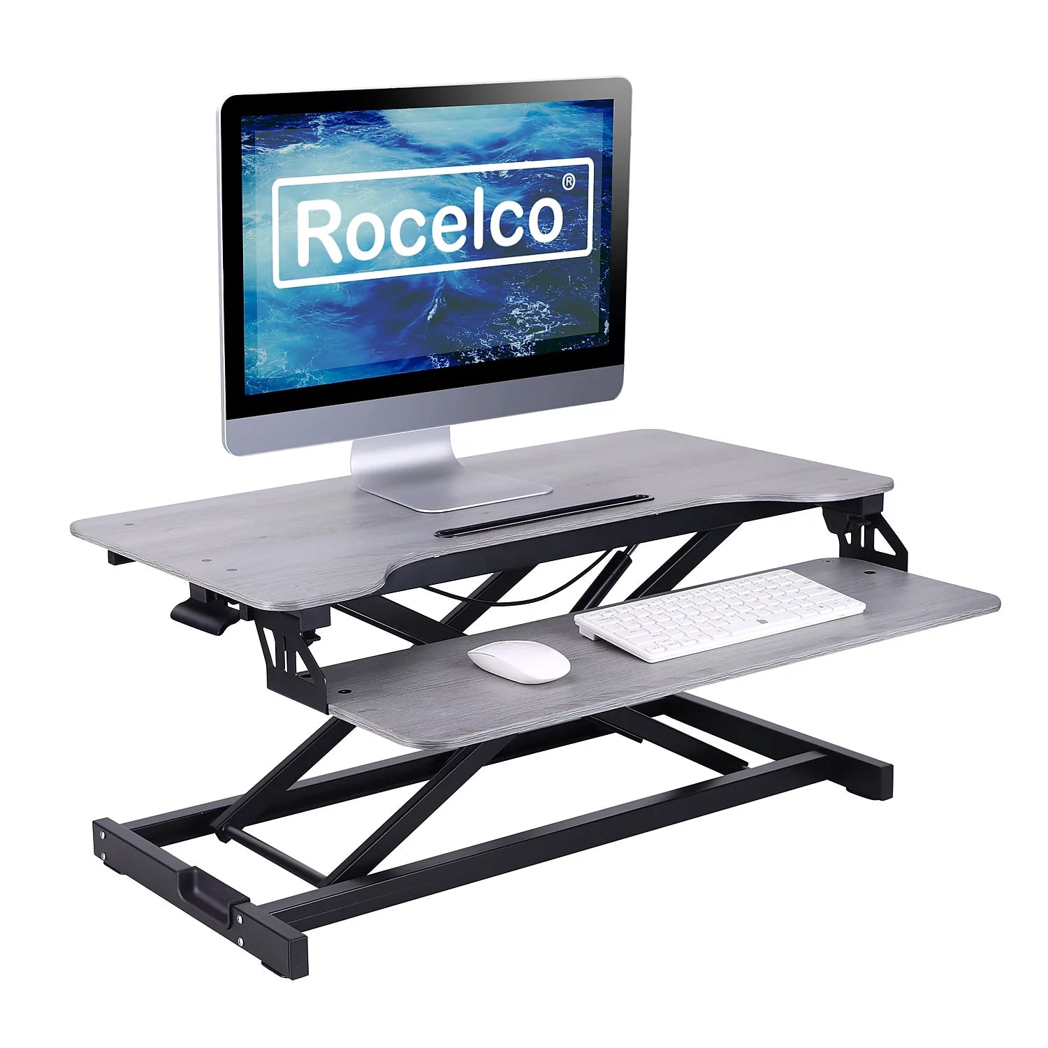 Rocelco Standing Desk Converter 31.5 in Dual Monitor Riser w/Tablet Mount Gray