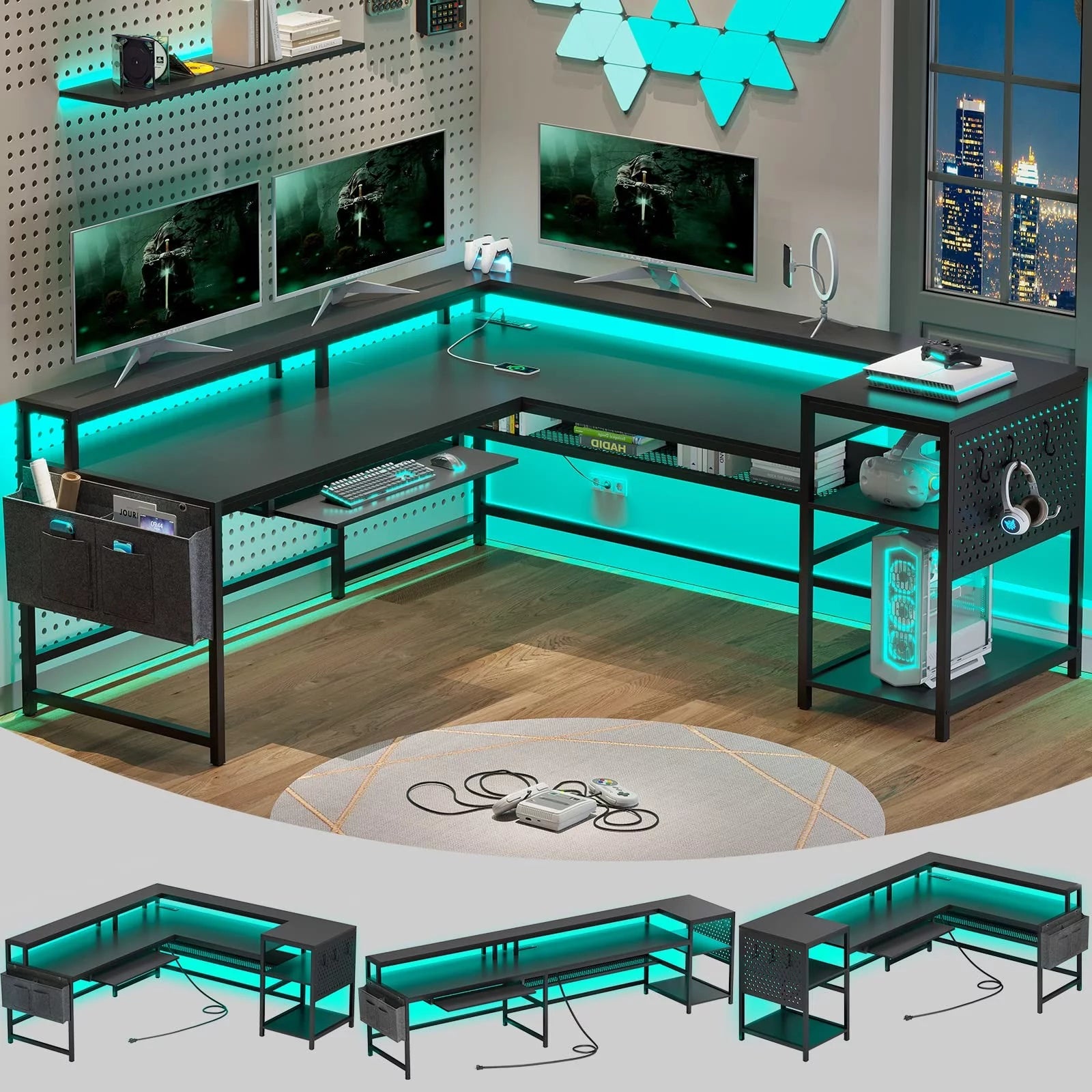 ADORNEVE L Shaped Gaming Desk, Reversible Computer Desk with Power Outlets and LED Strip for Home Office, Black