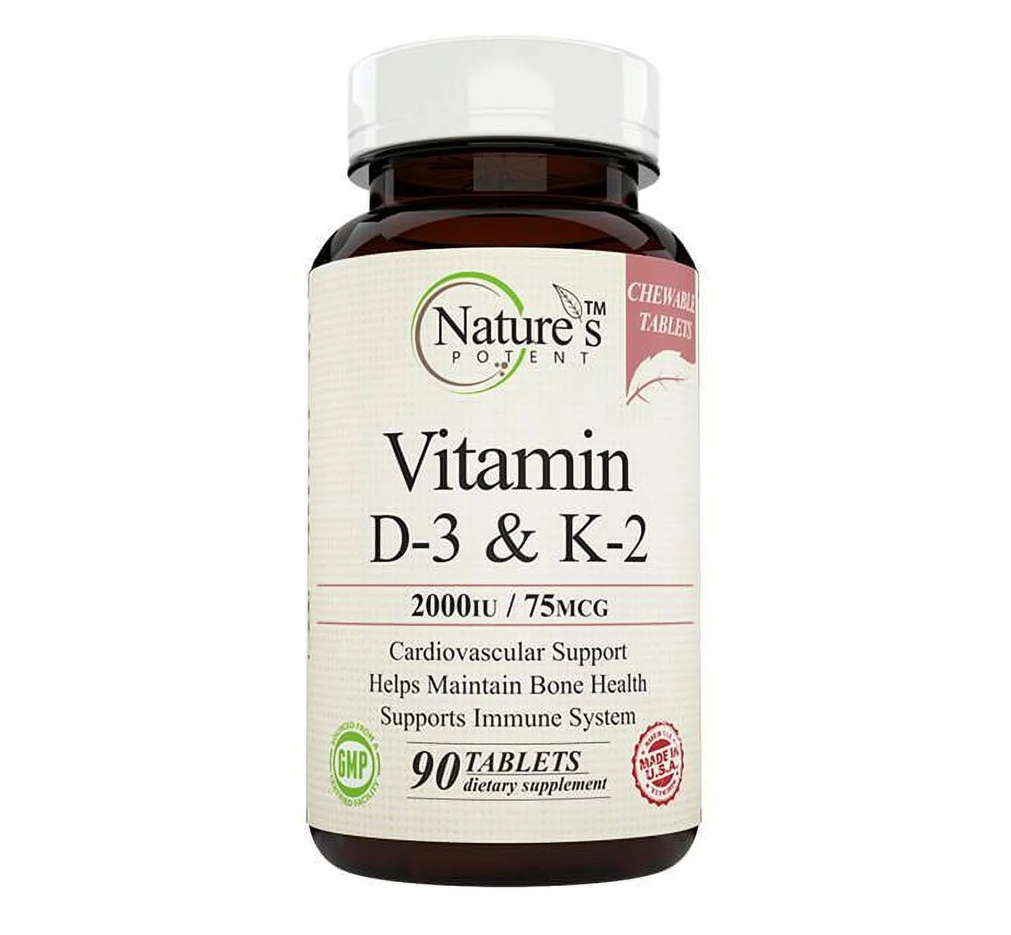 Nature's Potent™ -  Vitamin D-3 &amp; K-2 2000 IU/75 mcg, Chewable Tablets