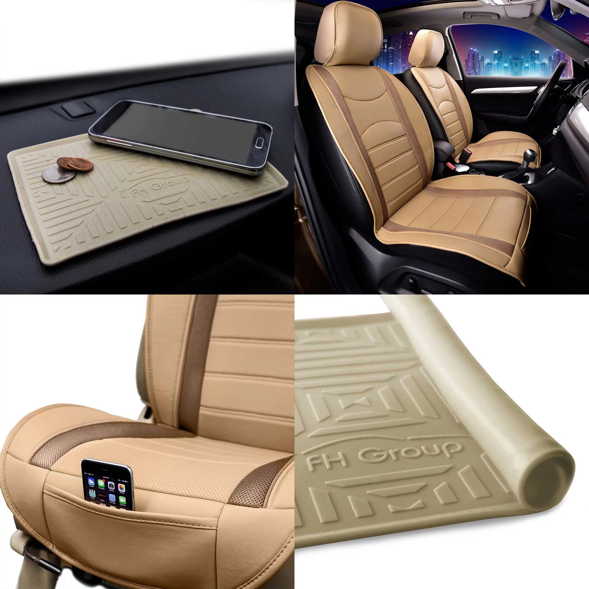 FH Group, Neoblend Leather Seat Front Bucket Cushion Pad Beige w/Silicone Dash Pad