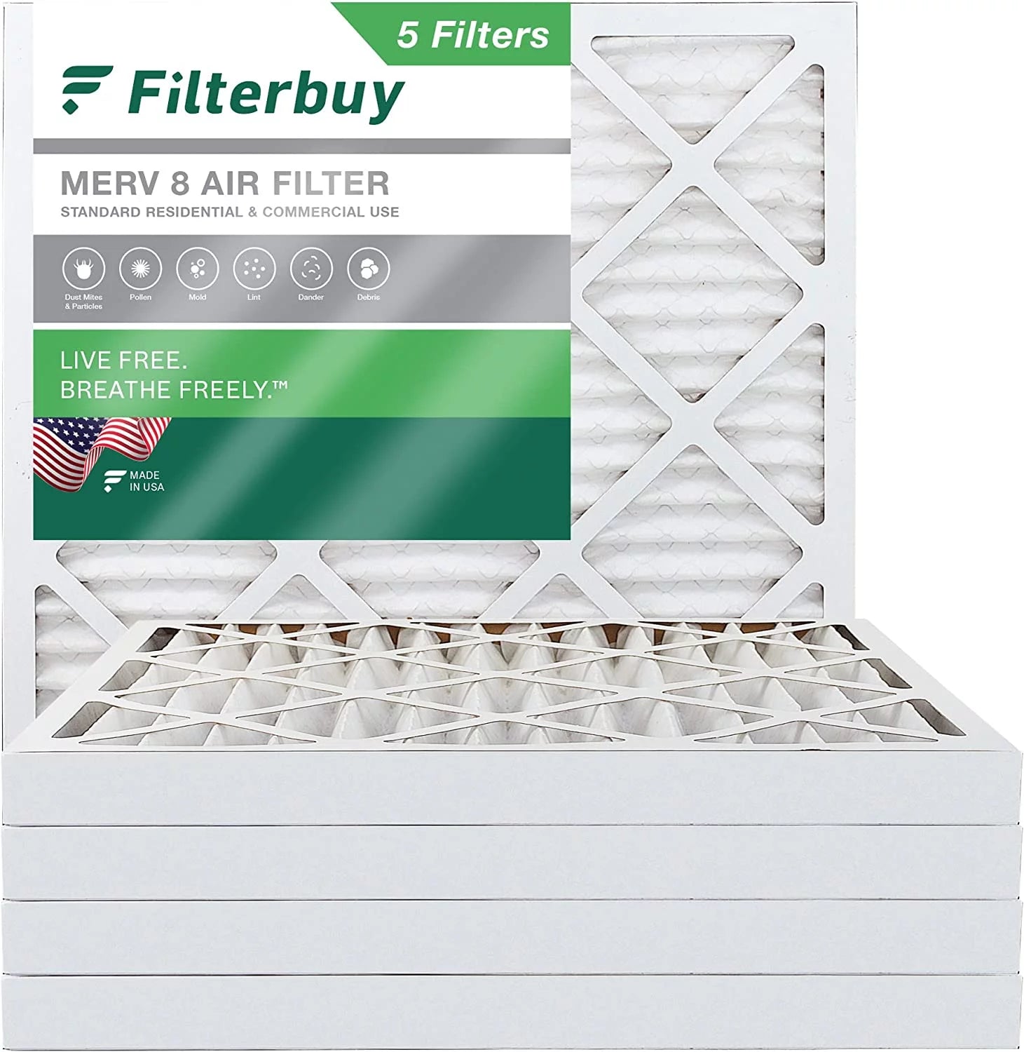 Filterbuy 24x24x2 MERV 8 Pleated HVAC AC Furnace Air Filters (5-Pack)