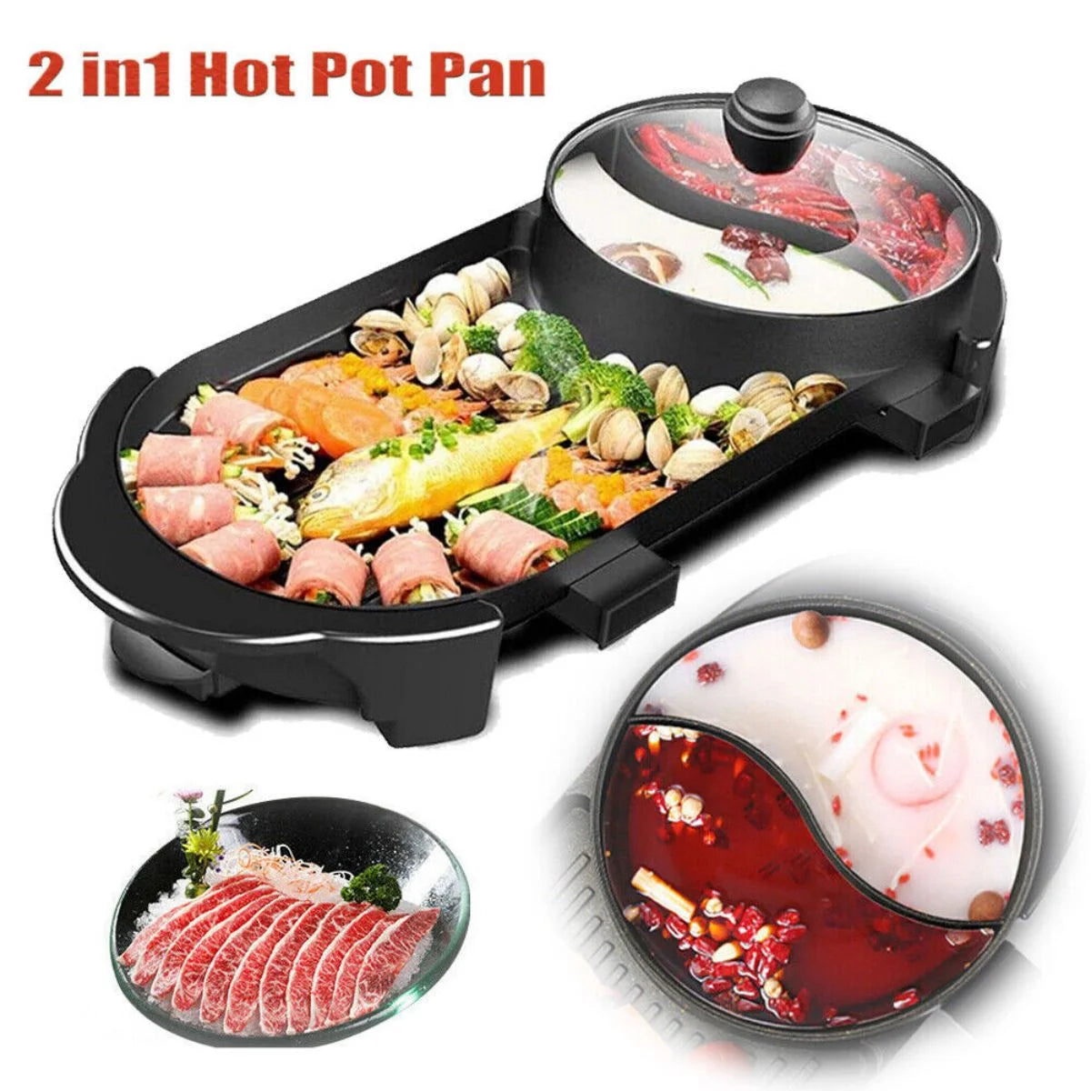 Electric Grill with Hot Pot, 2 in 1 Barbecue Stove Indoor Hot Pot Adjustable Non-Stick Teppanyaki Grill Shabu Pot with Divider Large Capacity for Household Dinner and Entertainment Party