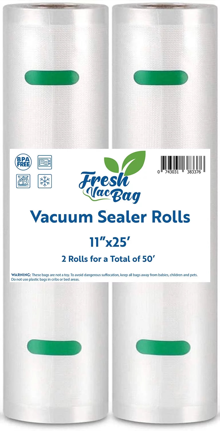 Two Rolls of 11x25' Food Saver Vacuum Sealer Rolls Freezer Bags Rolls for Seal a Meal,Food Saver Vacuum Sealer Fits Inside Storage Area Sous Vide Vacuum, Cut to Request Size Roll, 2 Rolls