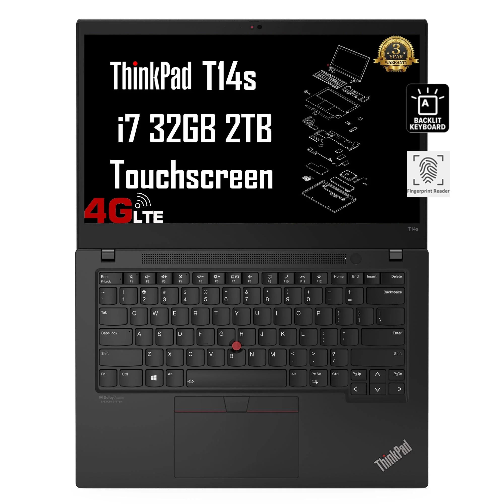 Lenovo ThinkPad T14s 4G LTE 14 FHD Touchscreen Business Laptop (Intel Core i7-1185G7, 32GB RAM, 2TB SSD) 14-Hr Long Battery-Life, Backlit, Fingerprint, FHD Webcam, Wi-Fi 6, Win 11 Pro - 3Yr WRT