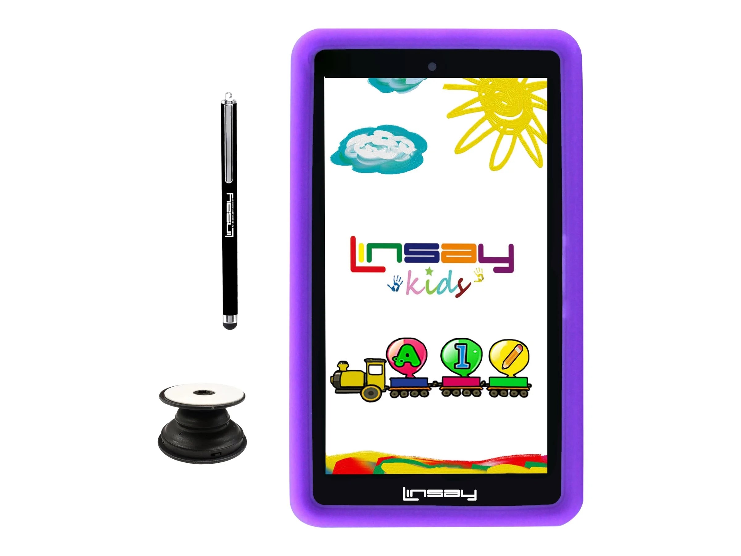 LINSAY 7 Kids tablets 2GB RAM 32GB Android 12 WiFi Tablet for kids, Camera, Apps, Games, Learning Tab for Children with Purple Kid Defender Case, Pop Holder and Pen Stylus