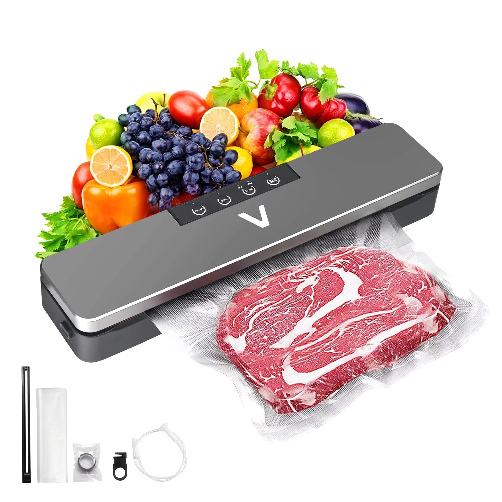 Dwelke Vacuum Sealer, Automatic Food Vacuum Sealer Machines Food Preservation Storage With Dry Moist Modes LED Indicator lnculding 5pcs Food Bag ,Grey