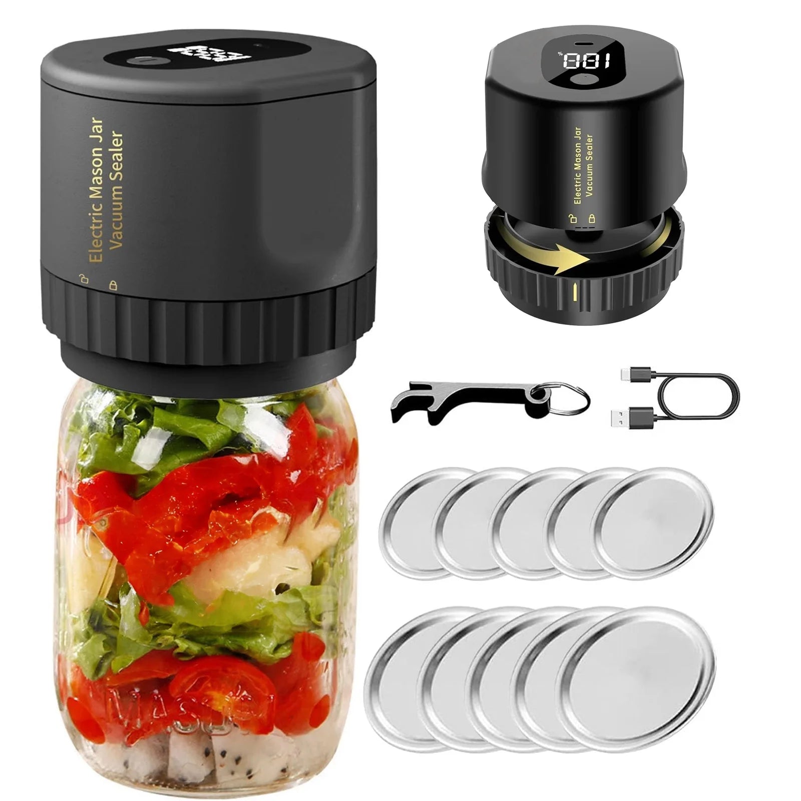 Yuhuan Electric Mason Jar Vacuum Sealer Kit for Wide-Mouth & Regular-Mouth Mason Jars,One Click Start Food Storage and Sealing,USB Charging,Black