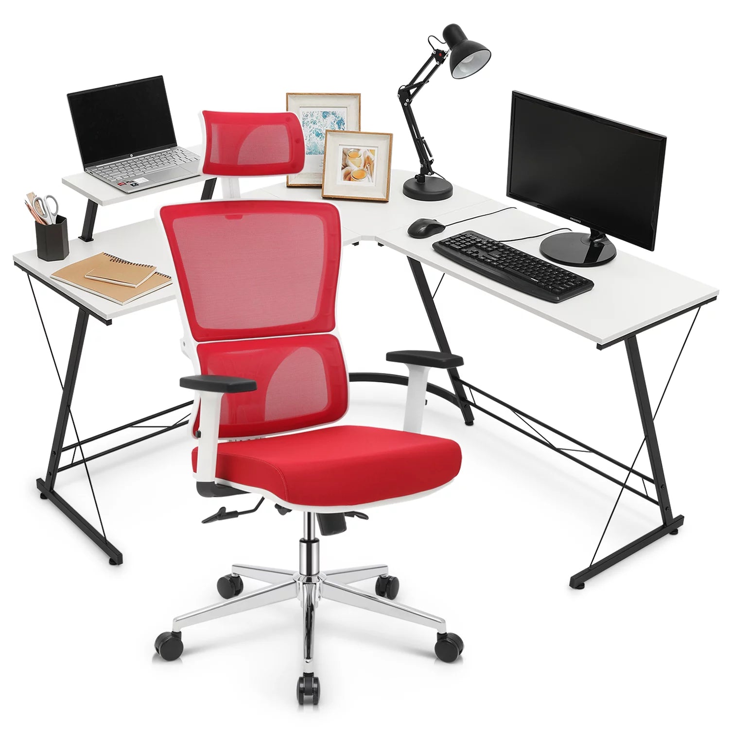 MoNiBloom Computer Desk & Chair Set, Swivel Task Chair and L Shaped Gaming Desk Workstation with Monitor Stand, Red
