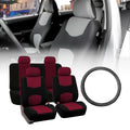 FH Group Flat Cloth Seat Covers for Auto, Full Set with Leather Steering Wheel Cover, Burgundy Black