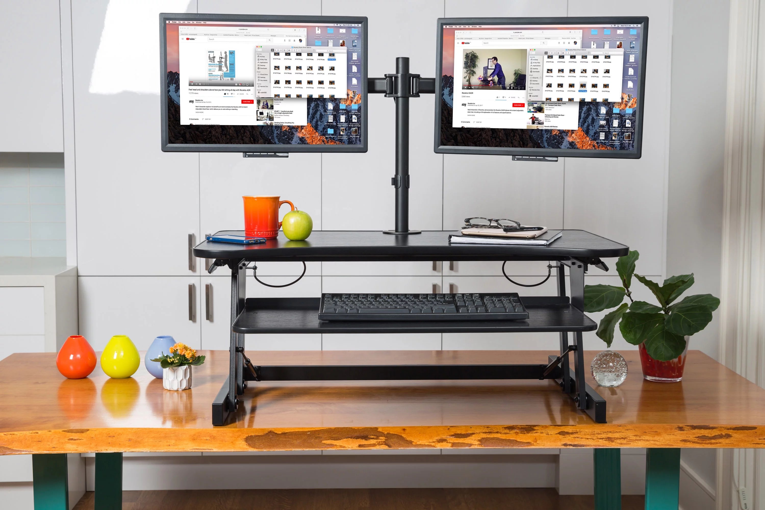 Rocelco 37.5 Deluxe Height Adjustable Standing Desk Converter with Dual Monitor Mount BUNDLE | Quick Sit Stand Up Computer Workstation Riser | Large Retractable Keyboard Tray | Black (R DADRB-DM2)