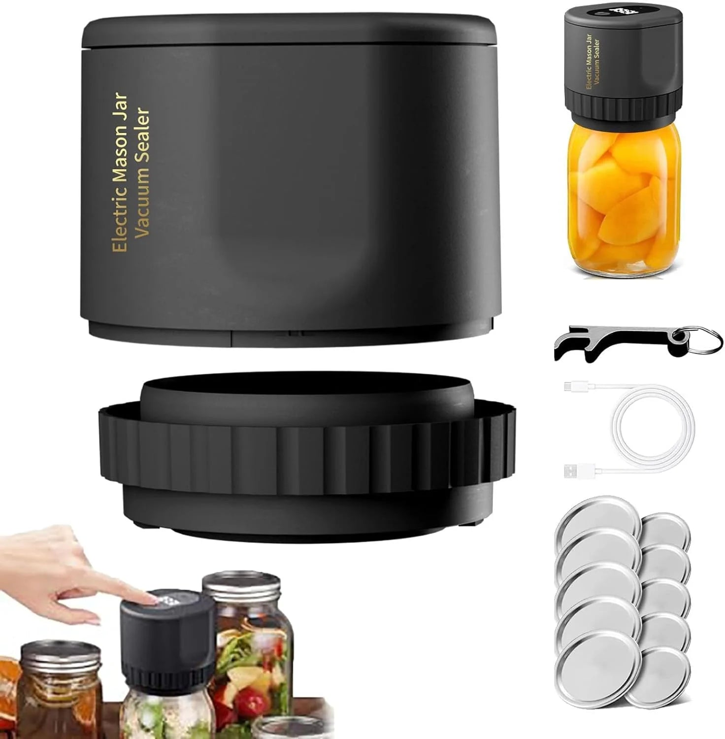 Electric Mason Jar Vacuum Sealer, Cordless Vacuum Sealer Kit for Wide & Regular Mouth Mason Jars for Food Storage and Fermentation