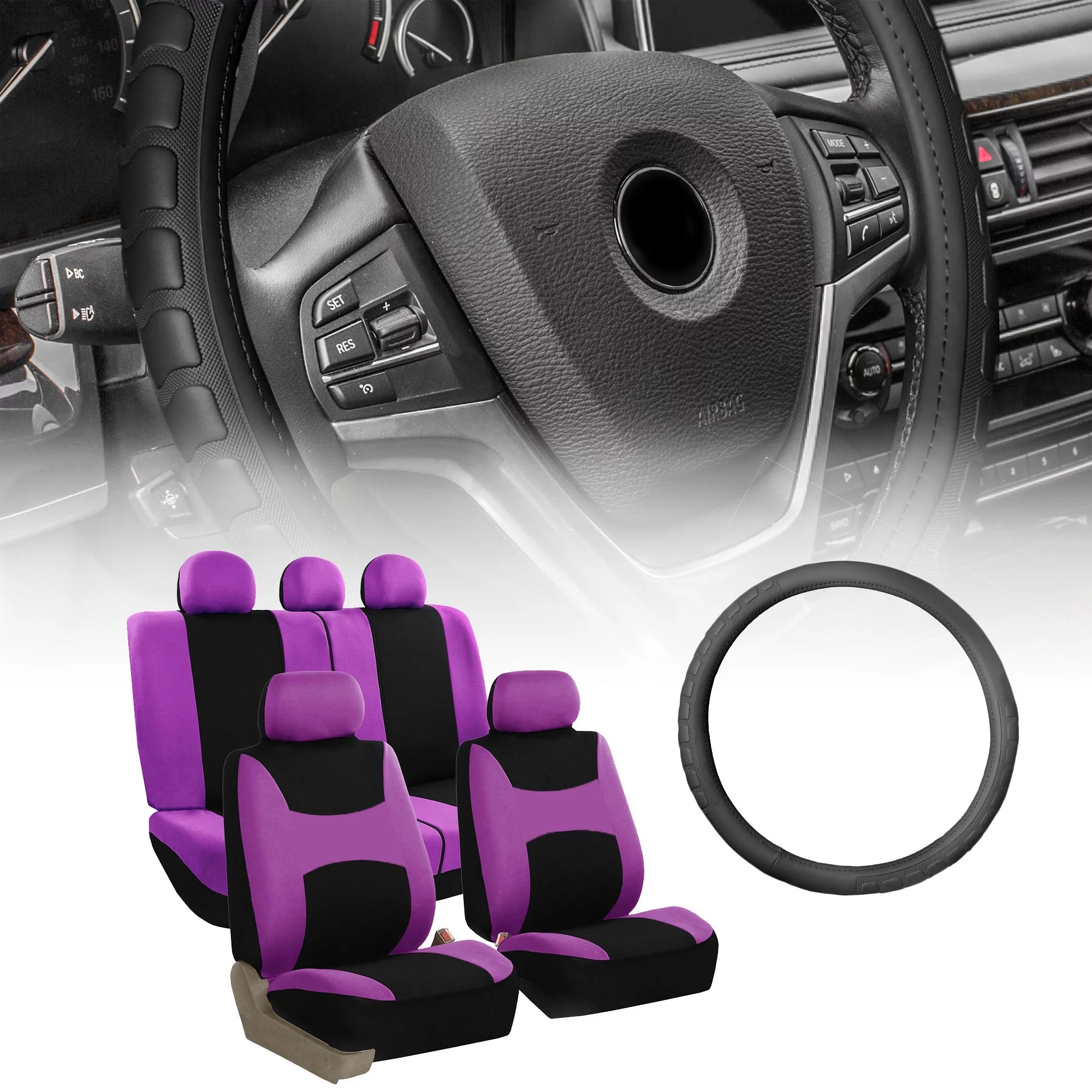 FH Group Light & Breeze Seat Covers Combo Set, Full Seat Set with Leather Steering Wheel Cover, Purple Black