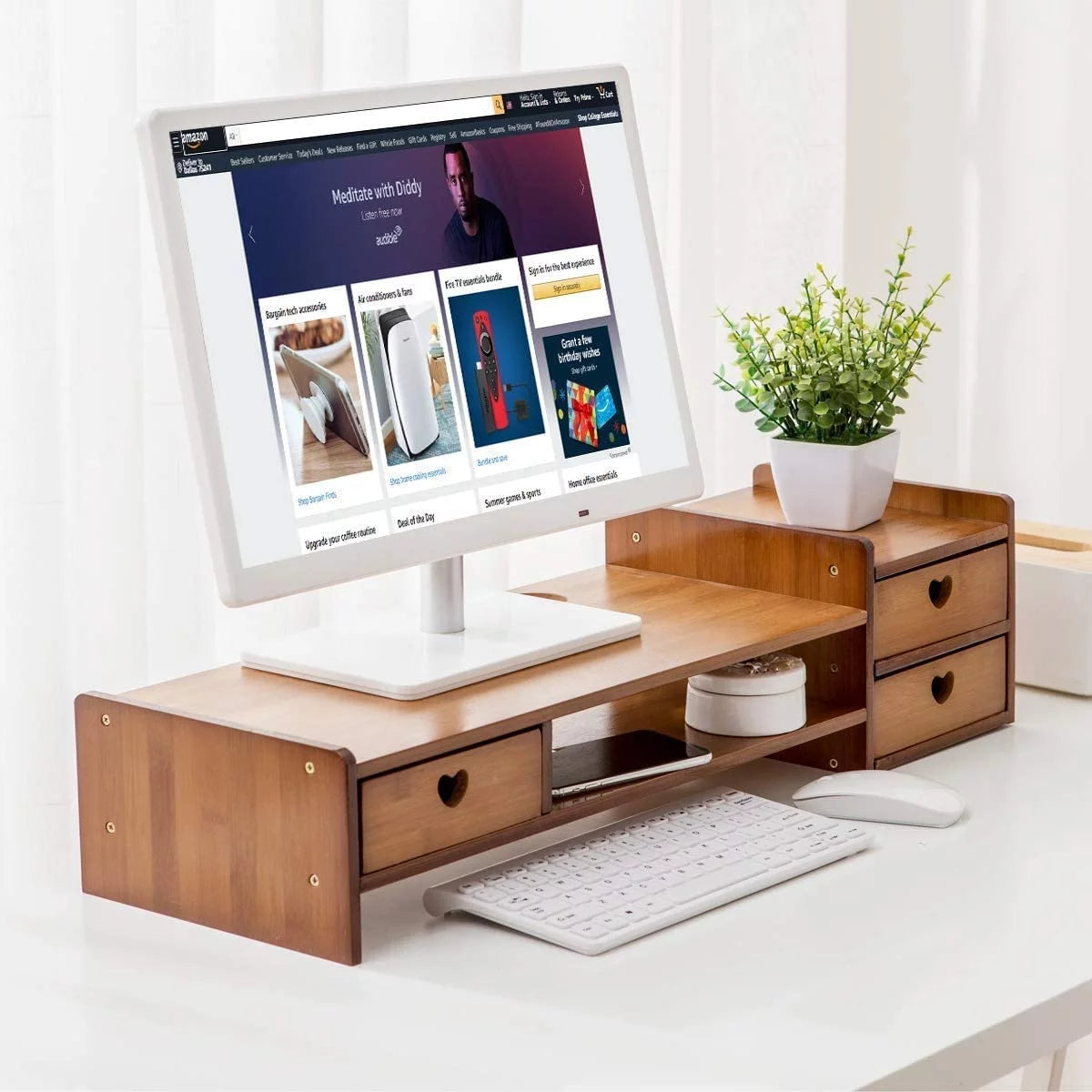 Maydear Bamboo Monitor Stand Riser with Storage Drawer, 2 Tier Desk Organizer Stand