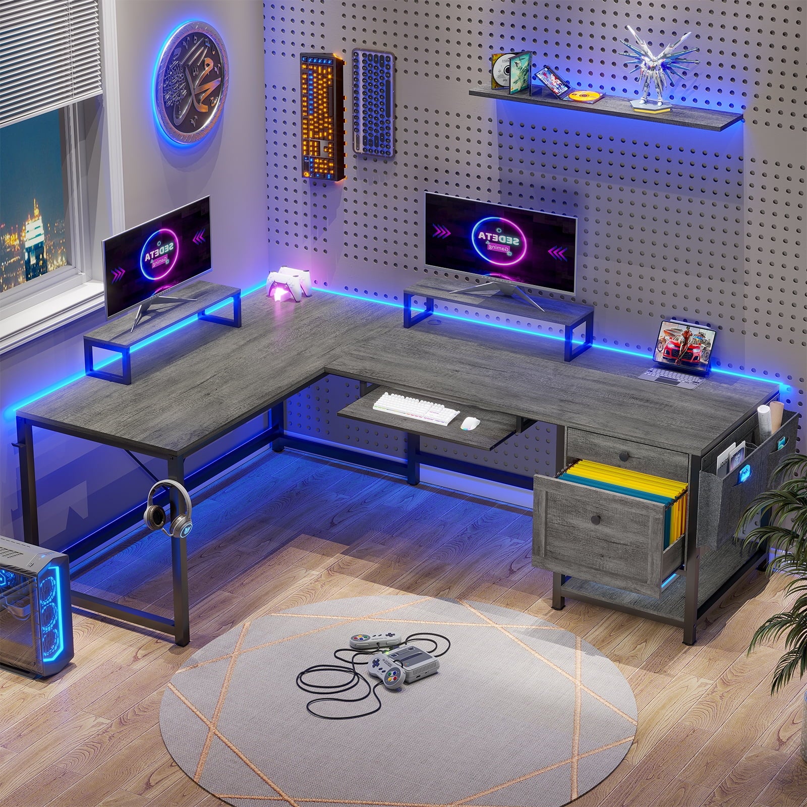 L Shaped Gaming Desk with led lights,Convertible L Office Desk to Long Computer Desk,Corner Desk with File Drawers & Keyboard Tray for Home Office, Grey