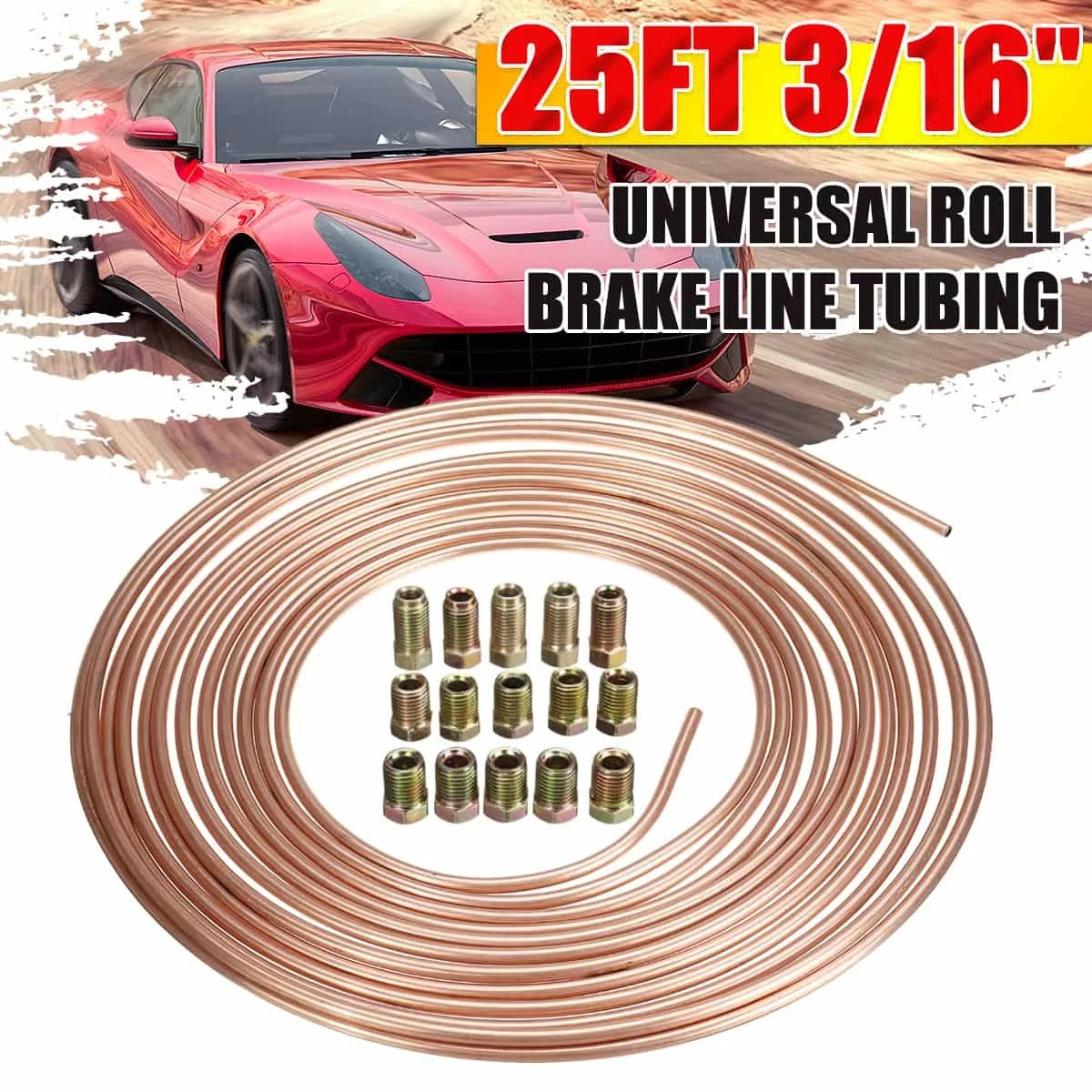 Universal Car 25Ft Copper Nickel Brake Line Tubing Kit 3/16 OD+15Pcs Fitting Also for Motorcycles Household Industrial and Commercial Uses