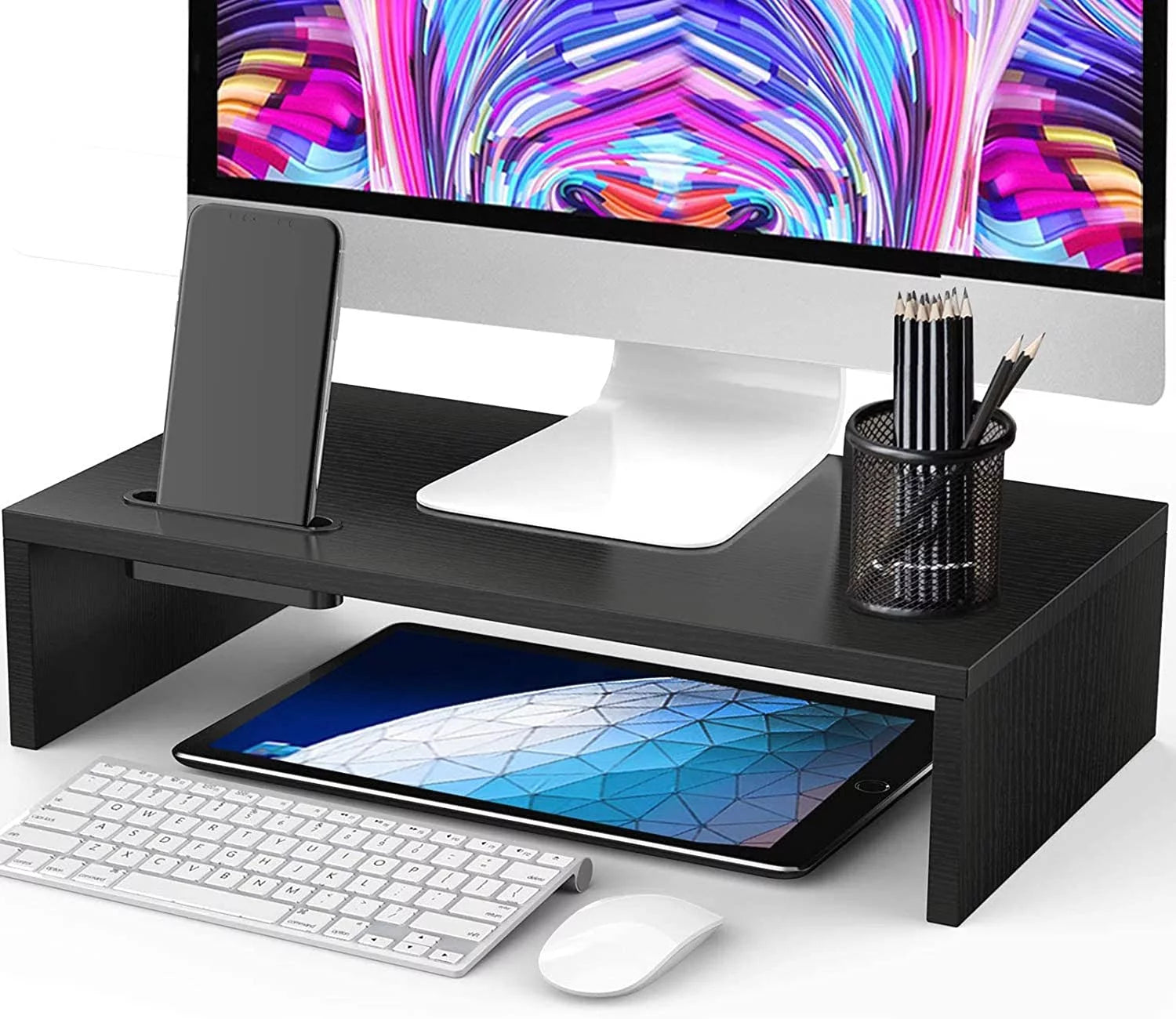 Myfurnideal Monitor Stand Riser Wooden Removable Computer Stand with Phone Holder and Cable Management for Home Office Computer, Laptop, Printer