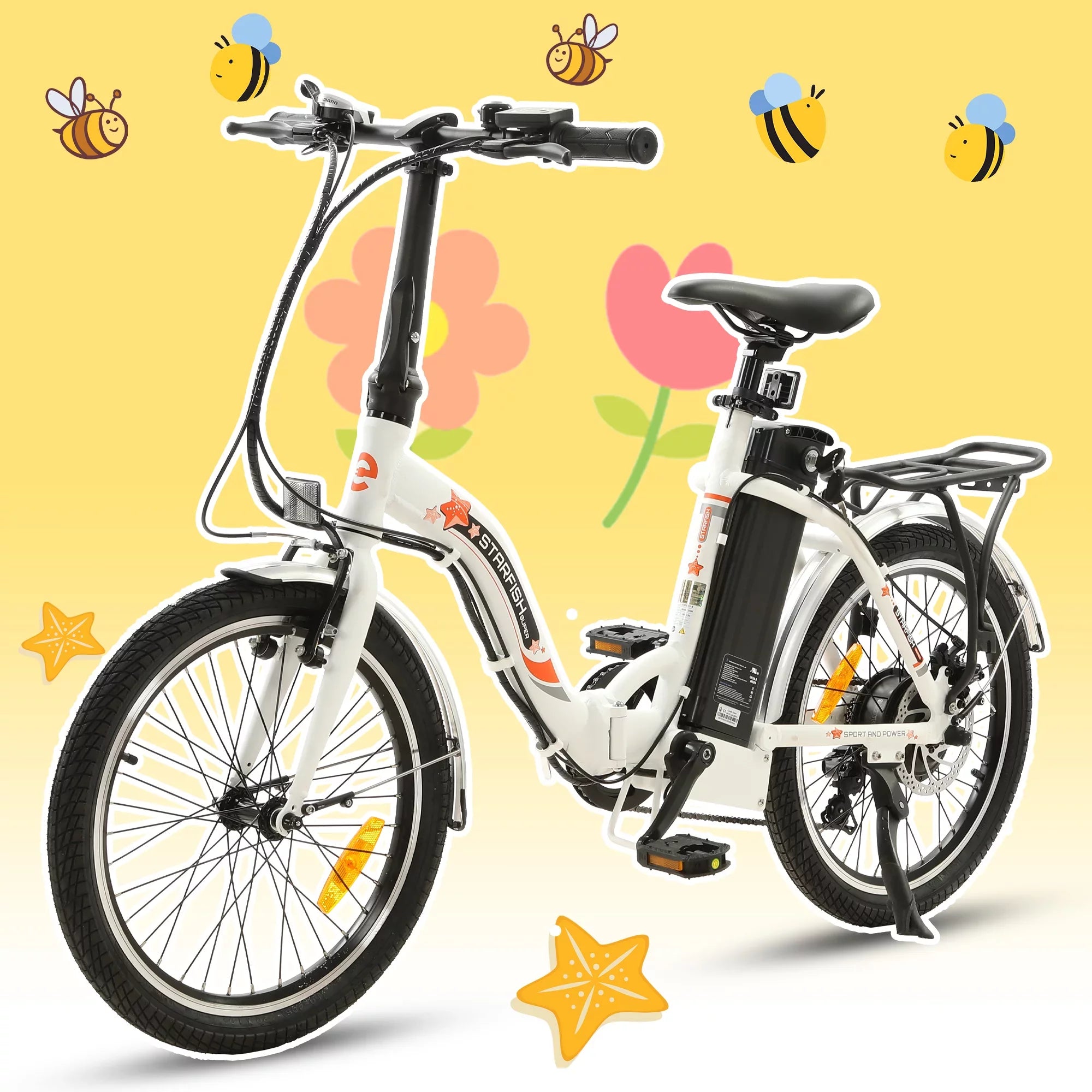 Ecotric E-Ride Electric Beginner Bike Waterproof Lightweight Folding 20 In. 350W 36V with Removable Battery 7 Speed for Girls Boys Teenagers Adults A-E516646