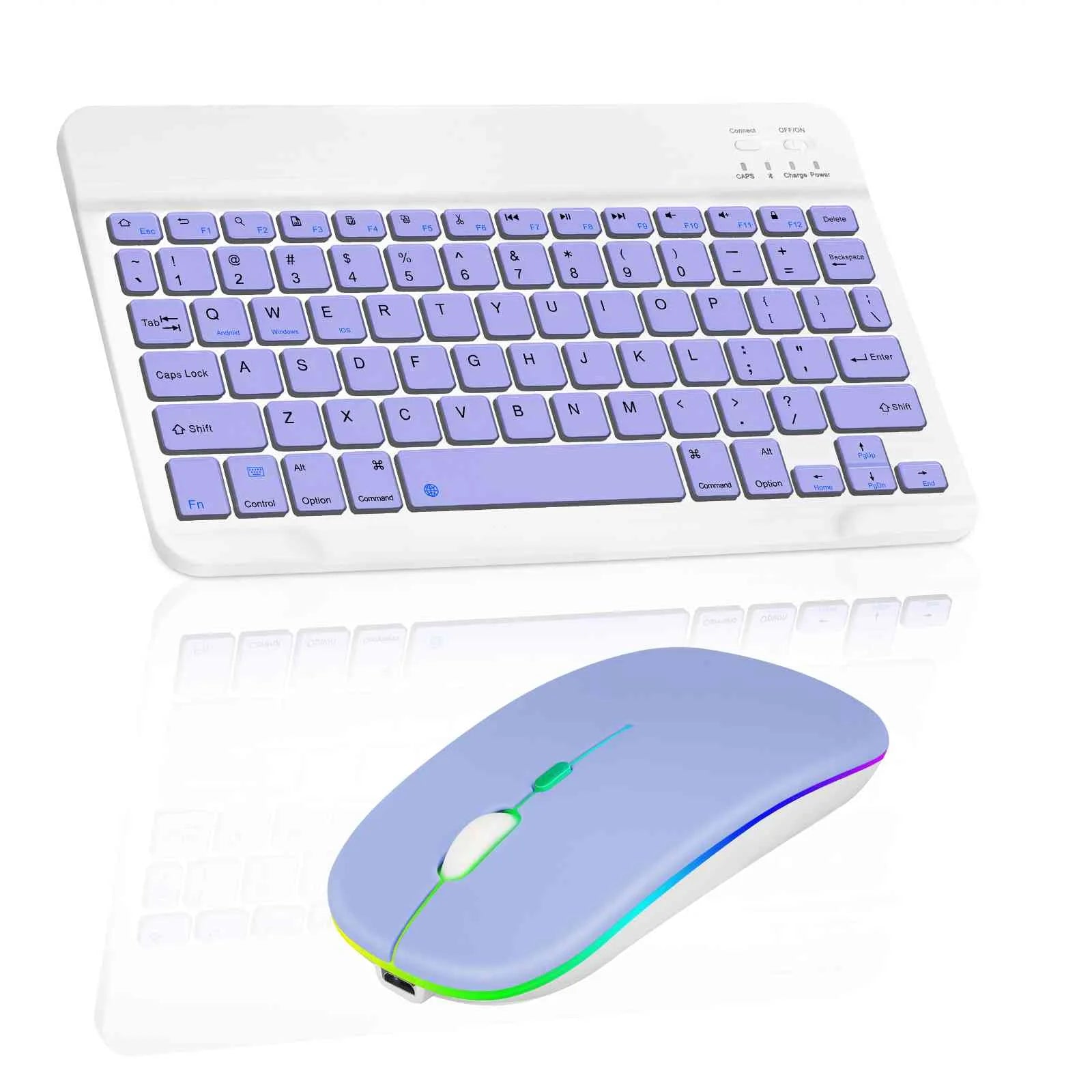 Rechargeable Bluetooth Keyboard and Mouse Combo Ultra Slim for Xiaomi Redmi 9 (India) and All Bluetooth Enabled Android/PC-Lavender Purple Keyboard with RGB LED Lavender Purple Mouse
