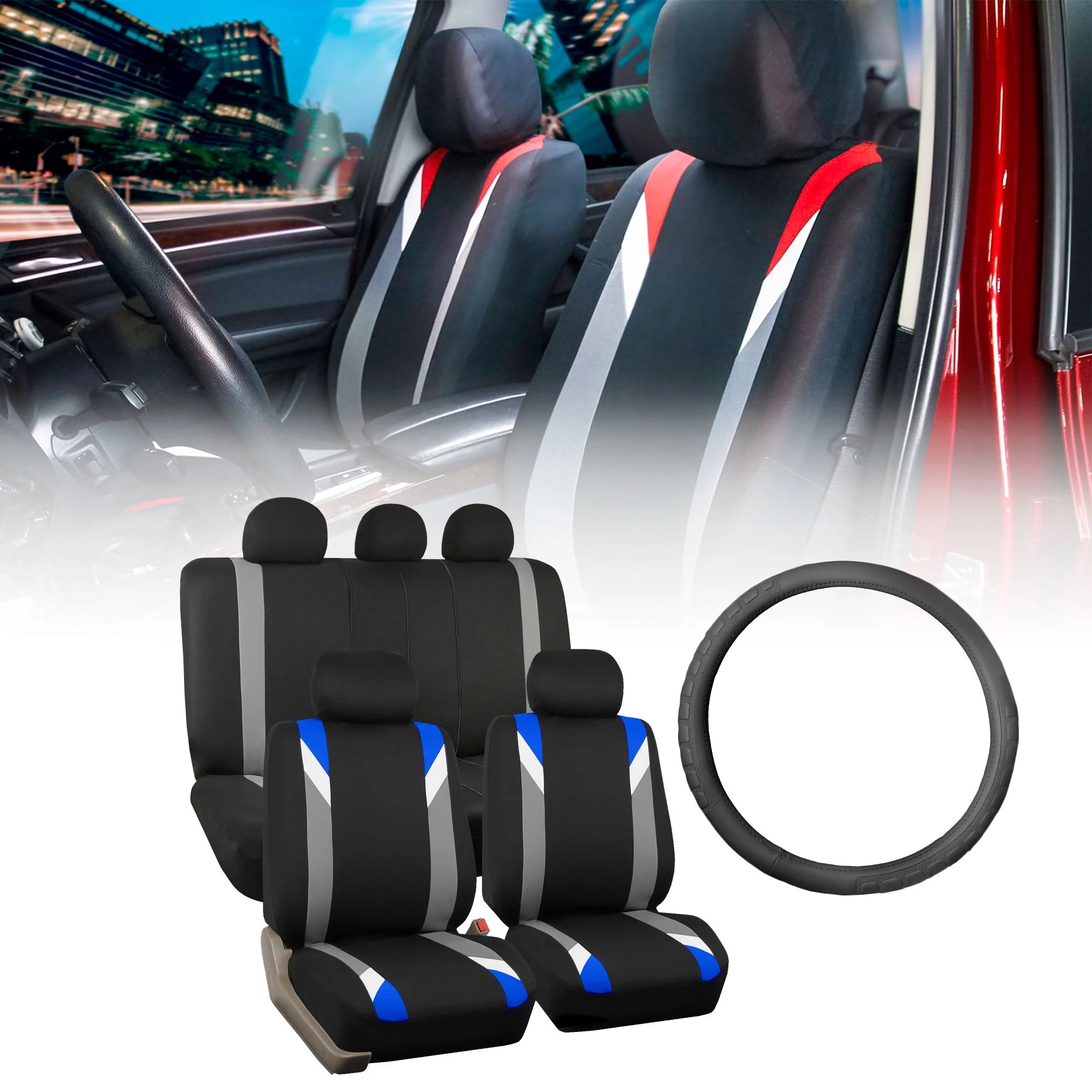FH Group Premium Modernistic Car Seat Covers Combo, Full Set with Leather Steering Wheel Cover, Blue Black