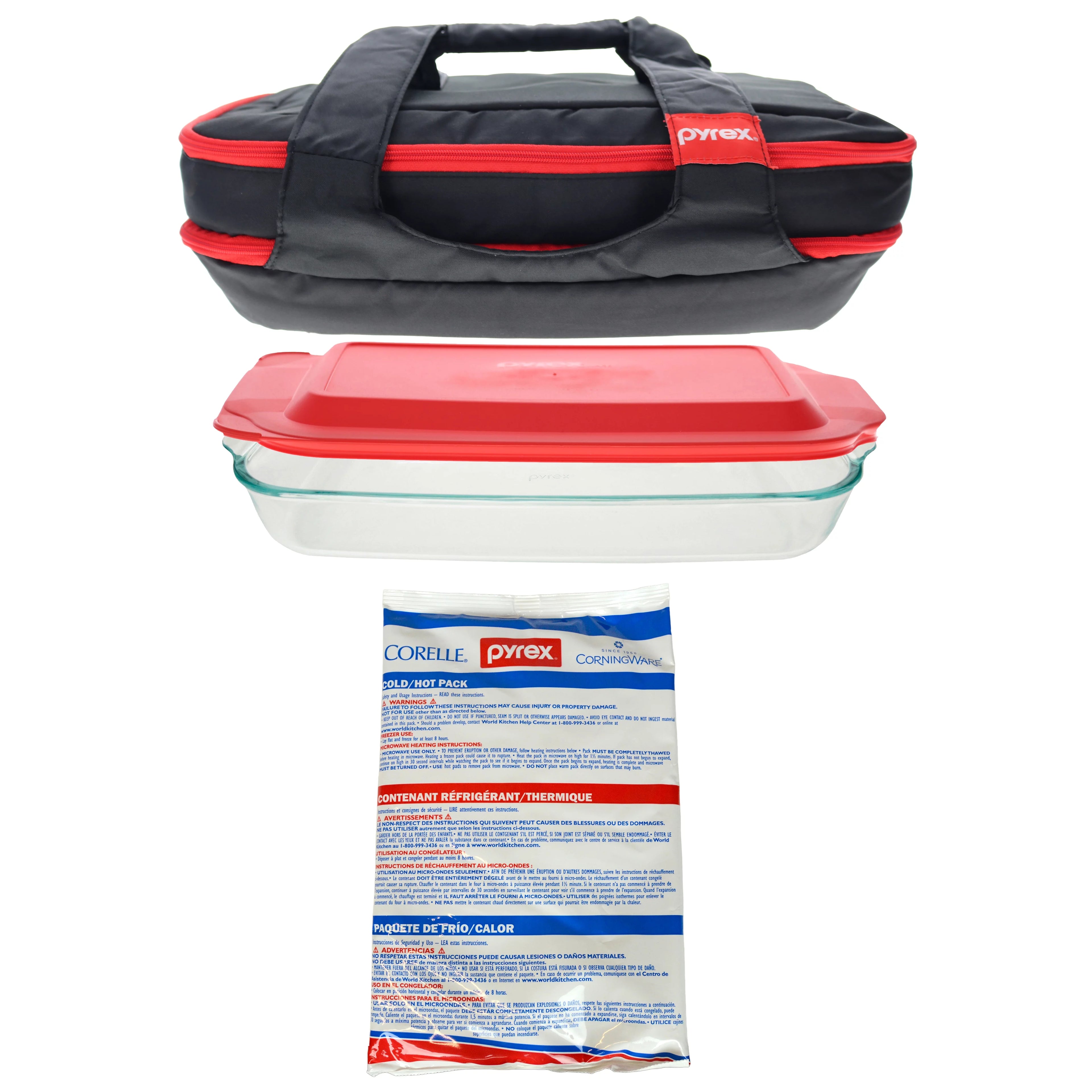 Pyrex 4-Piece Tote Bundle with Bakeware, Red Lid, and Large Hot/Cold Pack