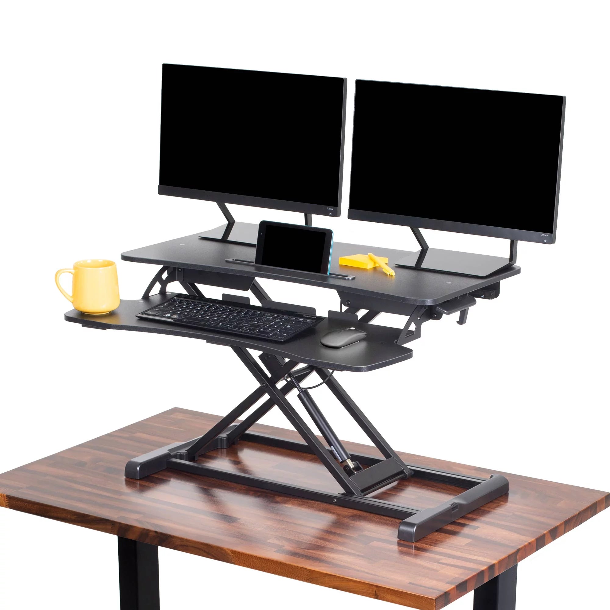 Flexpro Hero 32 Inch Standing Desk | 2 Level Standing Desk Converter with Keyboard Shelf and Monitor Riser | Large Dual Level Sit to Stand Workspace | Easily Sit or Stand in Seconds! (Black / 32)