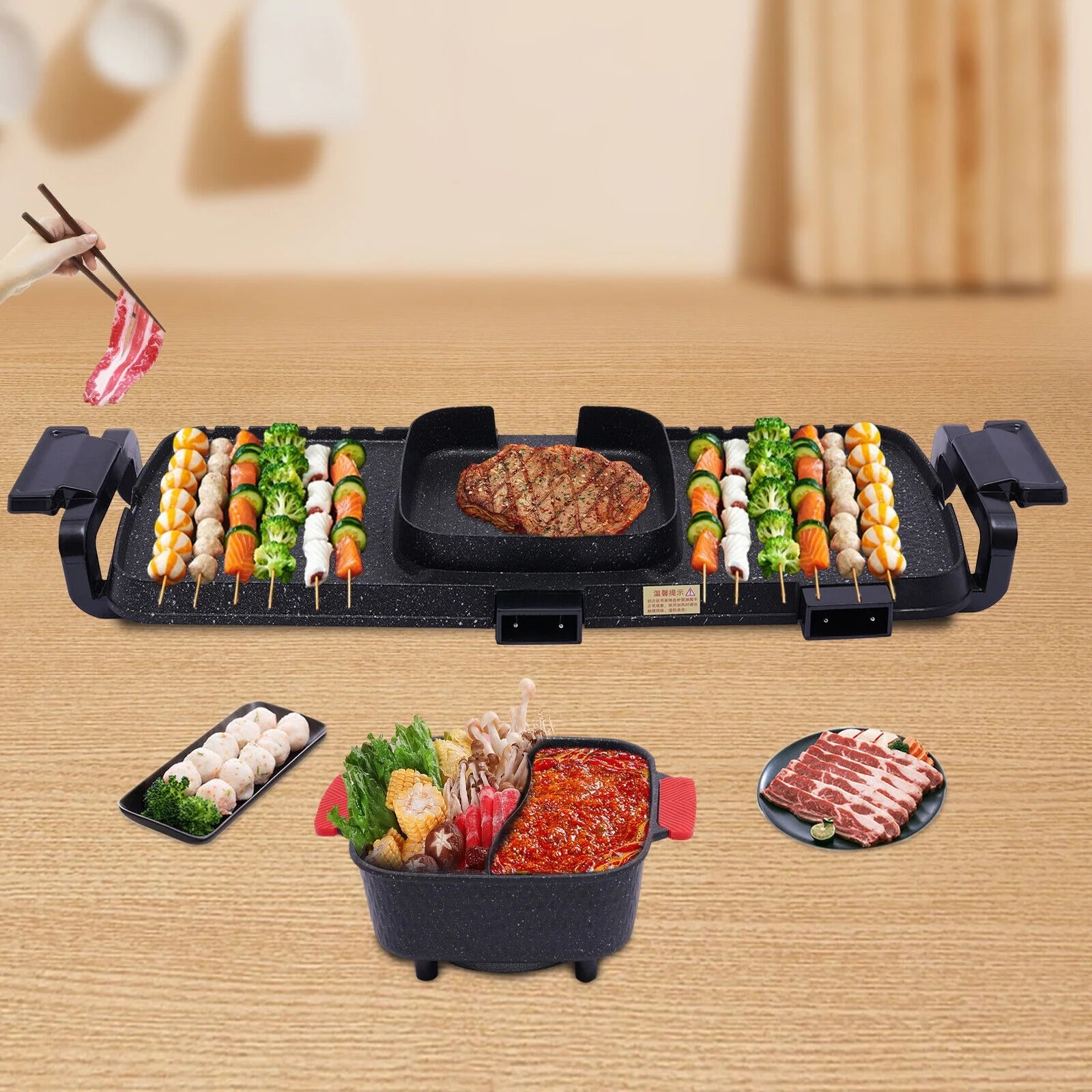 ZhdnBhnos 2 in 1 Electric Hot Pot BBQ Oven Smokeless Barbecue Grill Pan Shabu Hotpot Non-stick Cookware