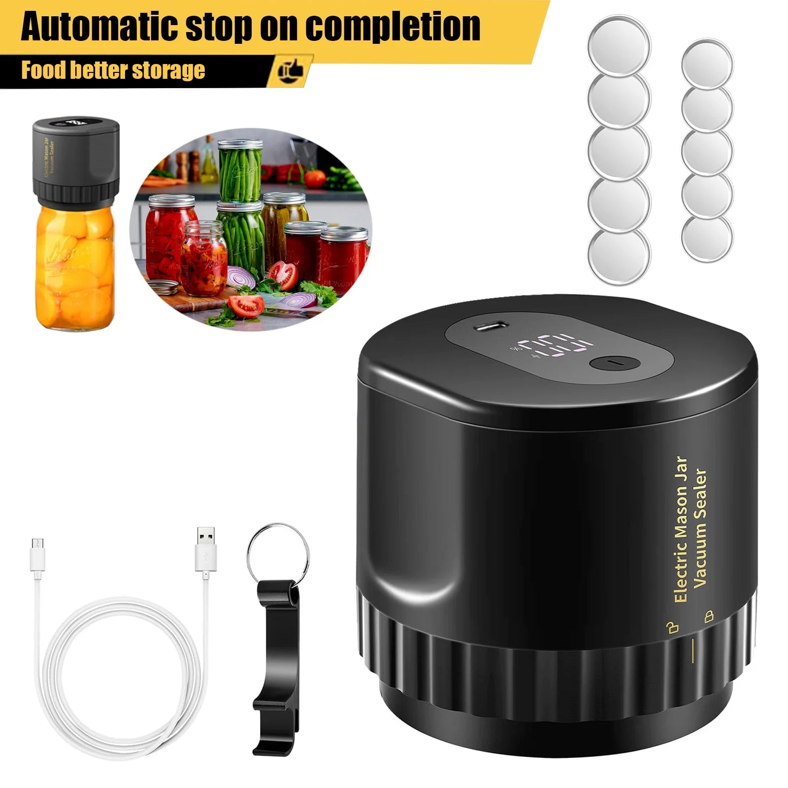 [UPGRADE] Smasener Electric Mason Jar Vacuum Sealer, Vacuum Sealer for Canning Jars Food Storage, with 5 Regular & 5 Wide Mouth Mason Jar Sealer Lids,automatically stops after vacuum