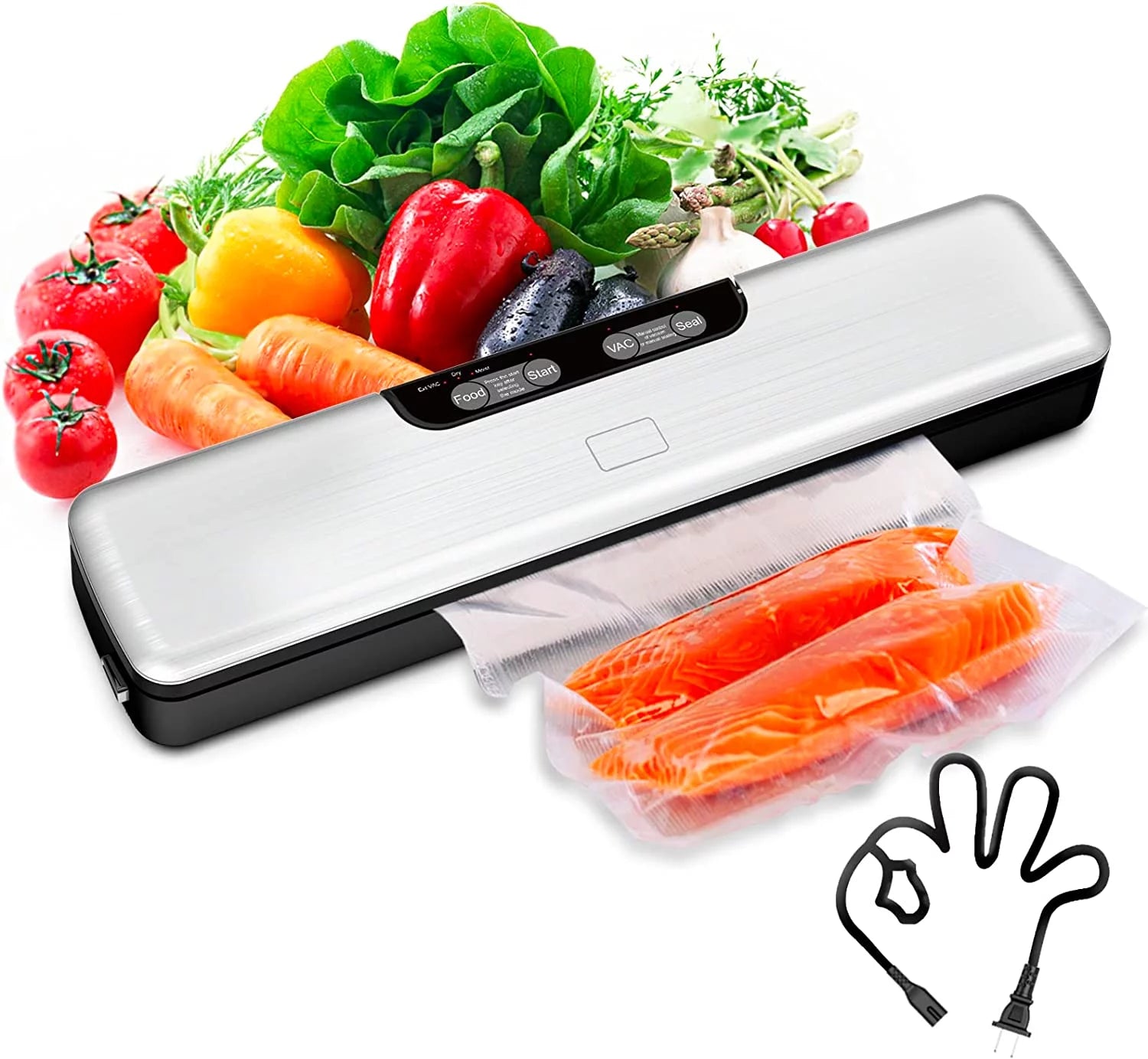 Food Vacuum Sealer Machine, Food Storage Saver Dry & Moist Food Modes, 5-in-1 Easy Options for Food Storage, with 5 Vacuum Seal Bags, Silver