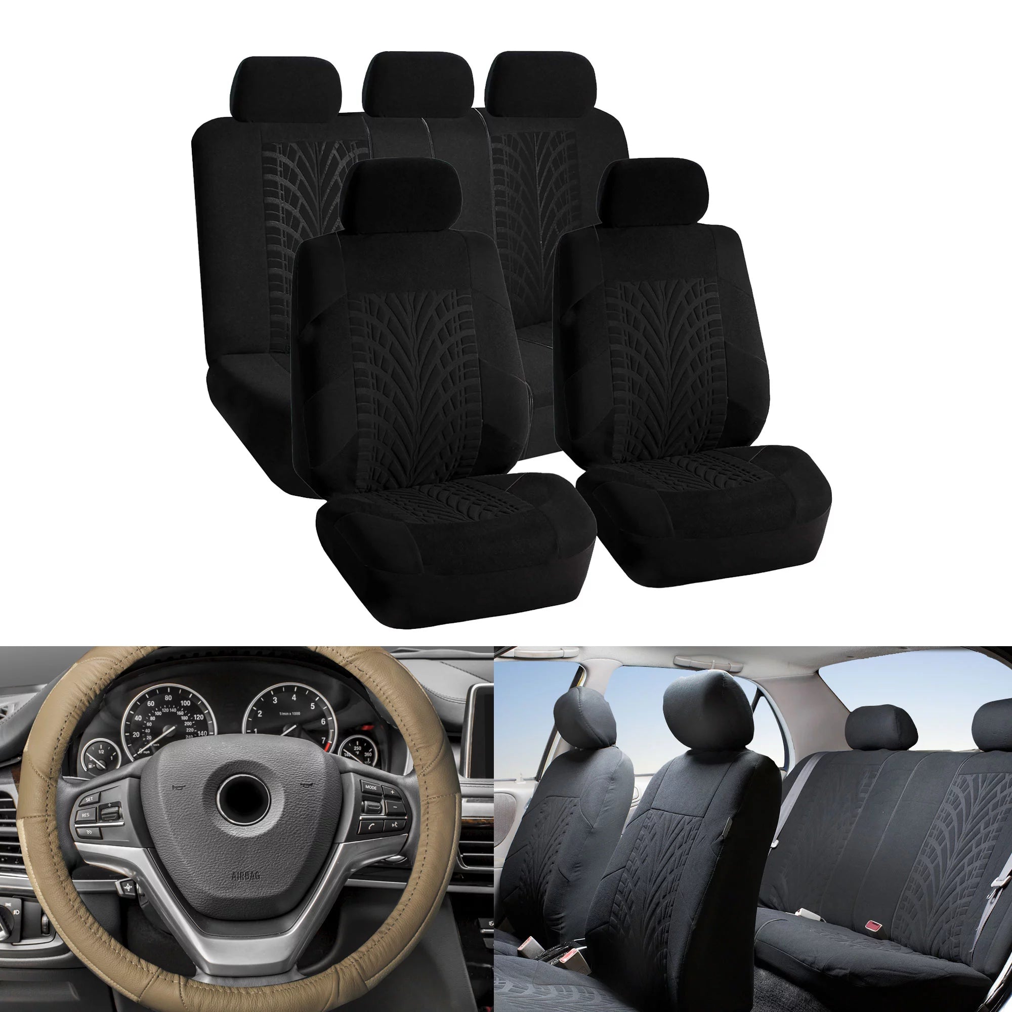 FH Group Black Car Seat Covers for Car SUV with Beige Leather Steering Wheel Cover combo