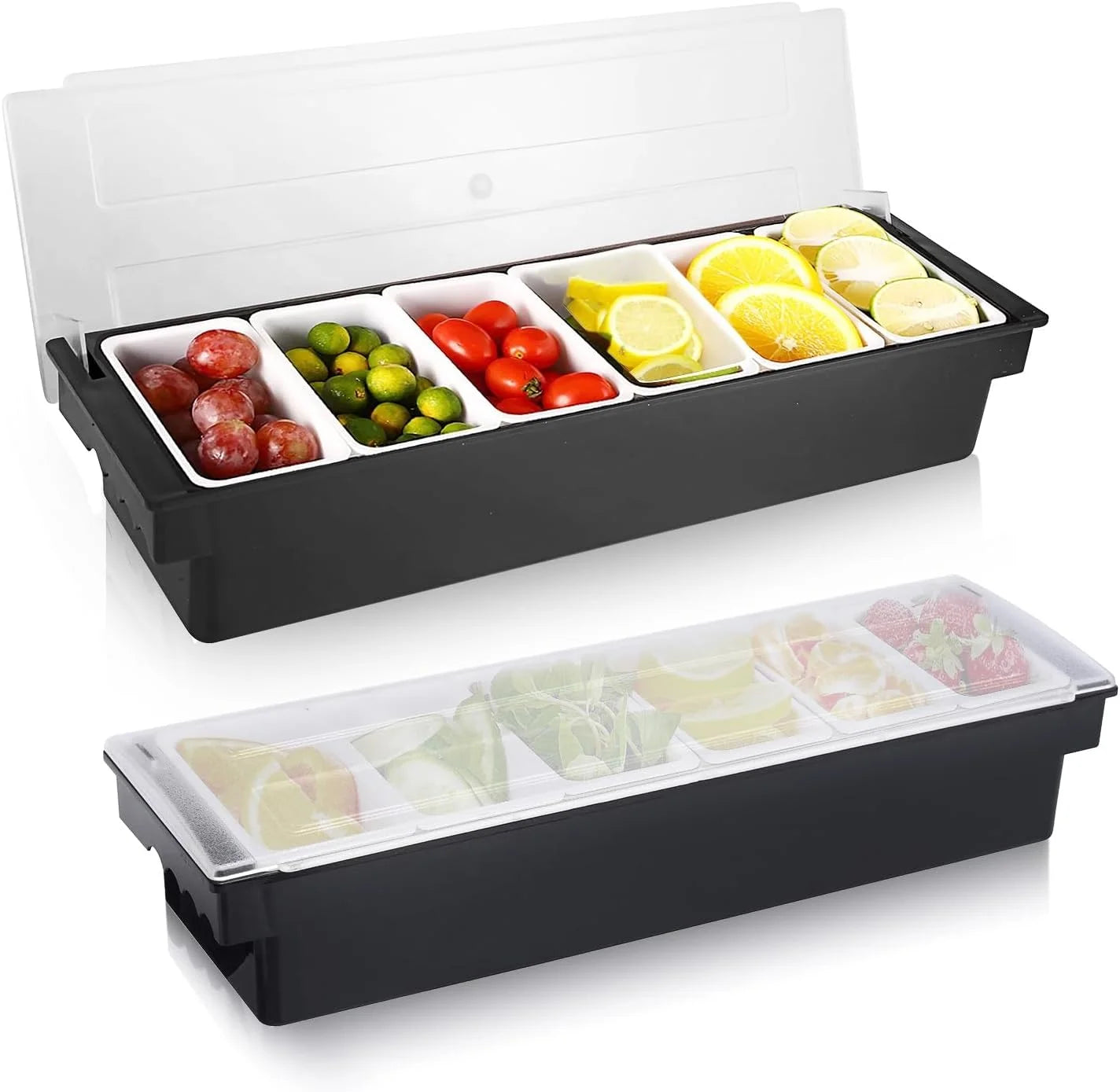 Fruit, Veggie & Condiment Caddy with Lid Dispenser Tray Garnish Station for Bartending & Serving Taco, Ice Cream, Salad Bar - Topping Organizer for Restaurant Supplies (3 Compartment, 2 Pack)