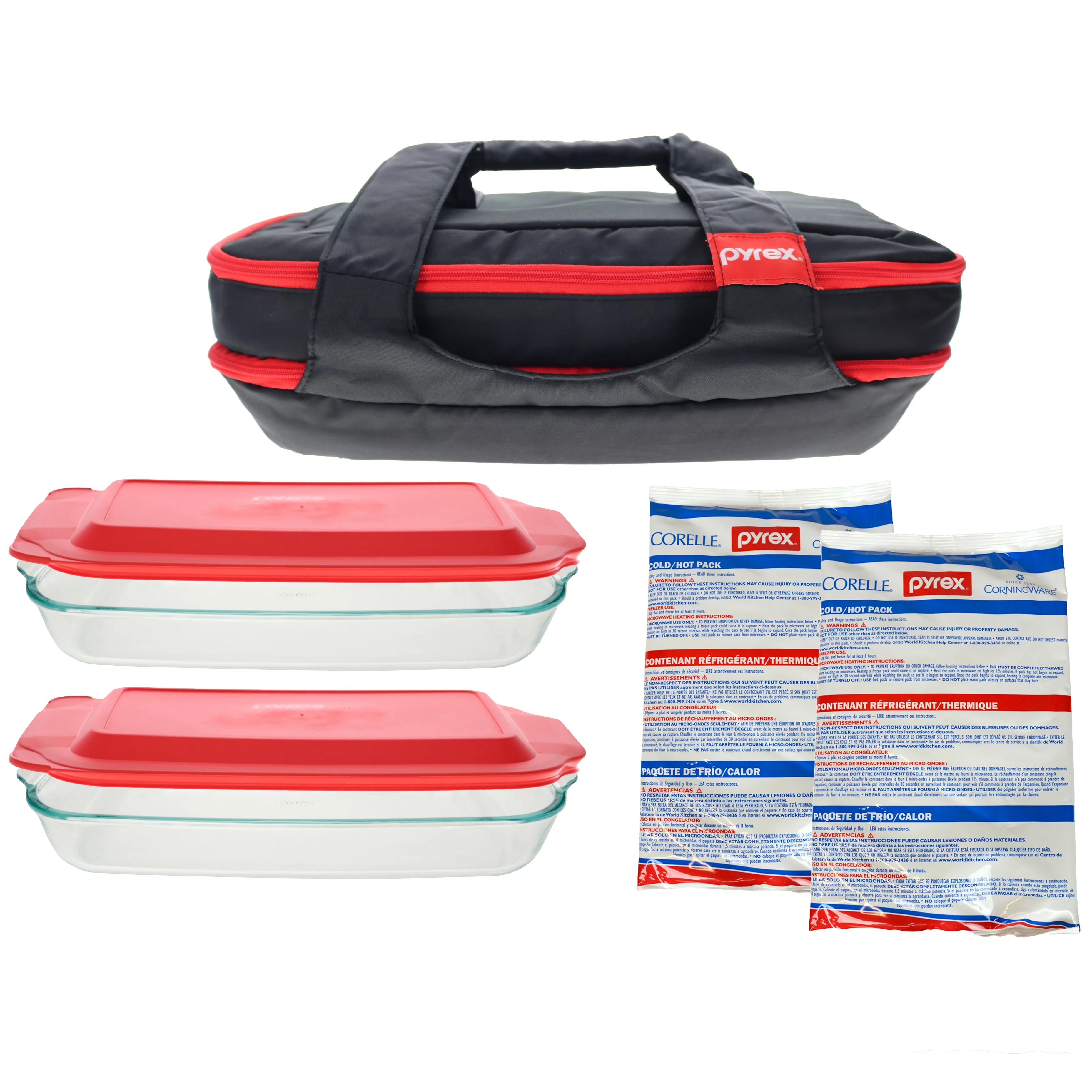 Pyrex 7-Piece Tote Bundle with Bakware, Red Lids and Large Hot/Cold Packs