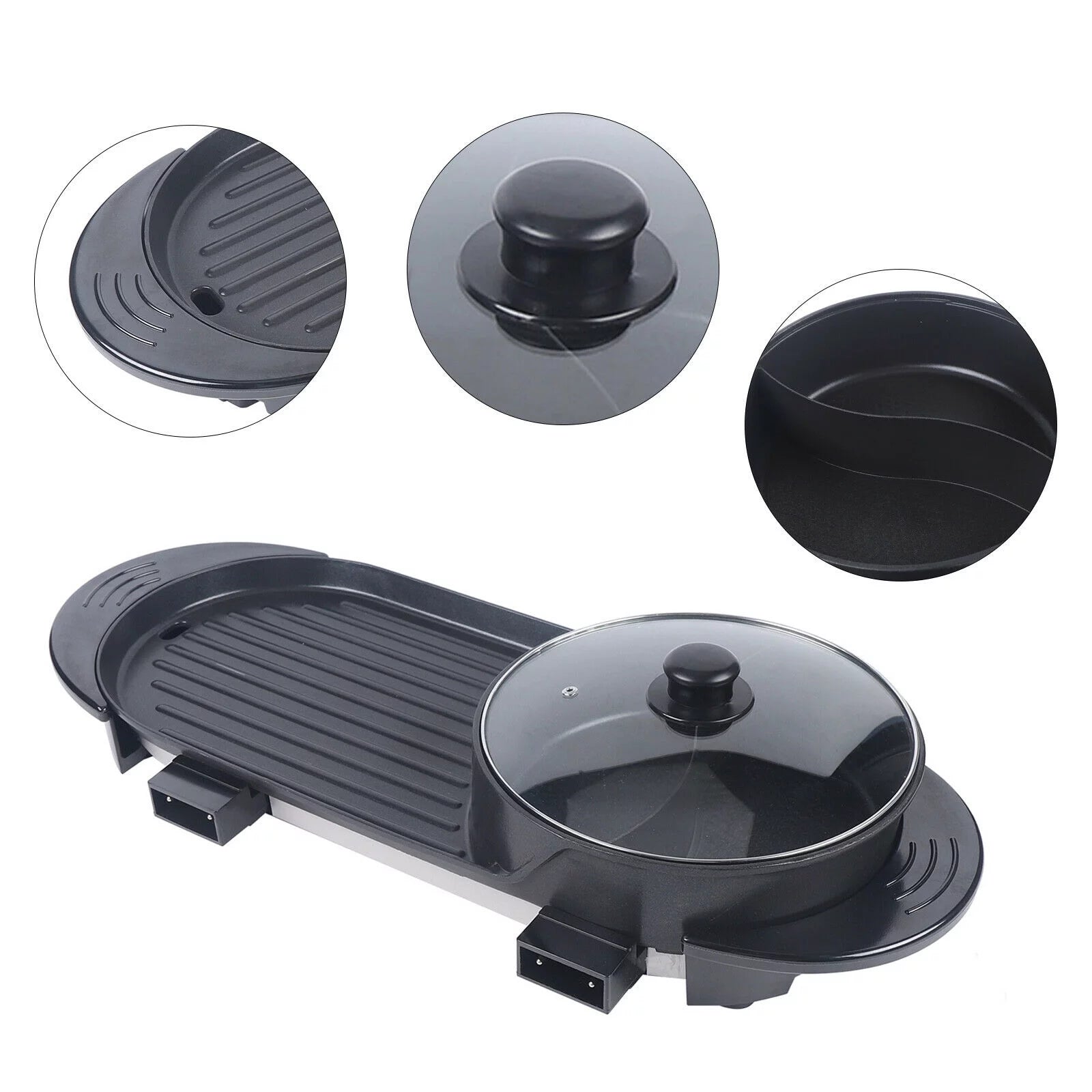 Electric Barbecue Pan Grill Hot Pot Combo, 2 in 1 Pot Non-Stick BBQ Teppanyaki Pan with Lid 110V Black