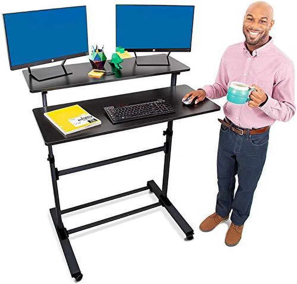 Stand Steady Tranzendesk | Height Adjustable Mobile Teacher Desk | Mobile Standing Desk with Shelf | Two Level Portable Workstation | Stand Up Desk for School, Office & Presentations (Black/40x28)