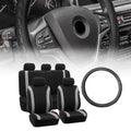 FH Group Flat Cloth Seat Covers for Car Sedan SUV Van, Full Set with Black Leather Steering Wheel Cover, Gray Black