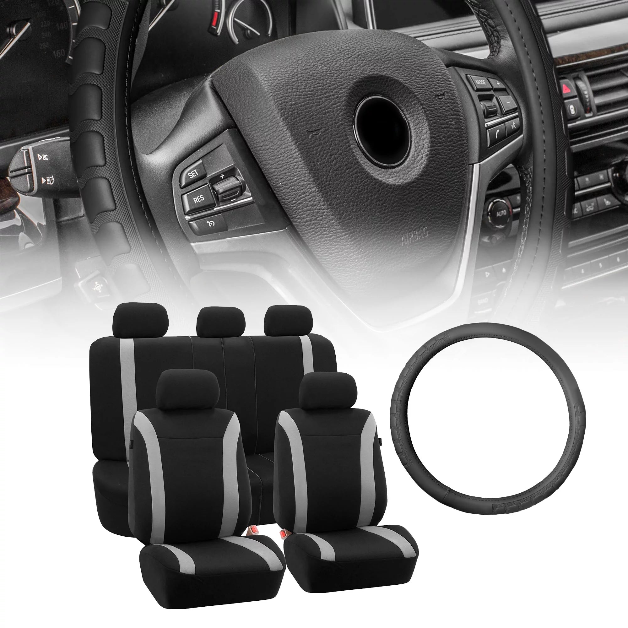 FH Group Flat Cloth Seat Covers for Car Sedan SUV Van, Full Set with Black Leather Steering Wheel Cover, Gray Black