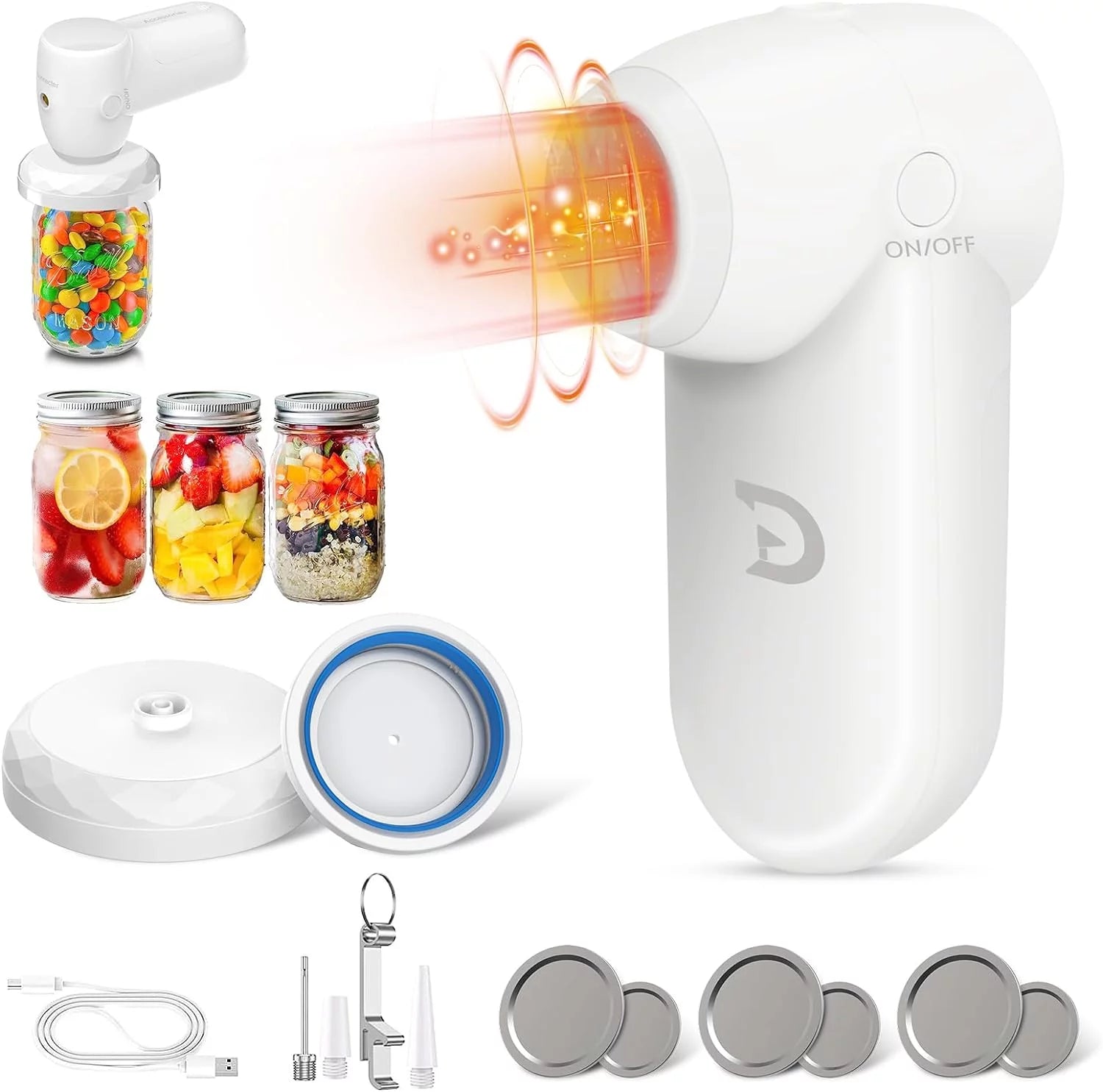 Electric Mason Jar Vacuum Sealer, Cordless Mason Jar Sealer Vacuum Kit for Wide Mouth & Regular Mouth Mason Jar, Vacuum Sealer Bags and Vacuum Seal Containers