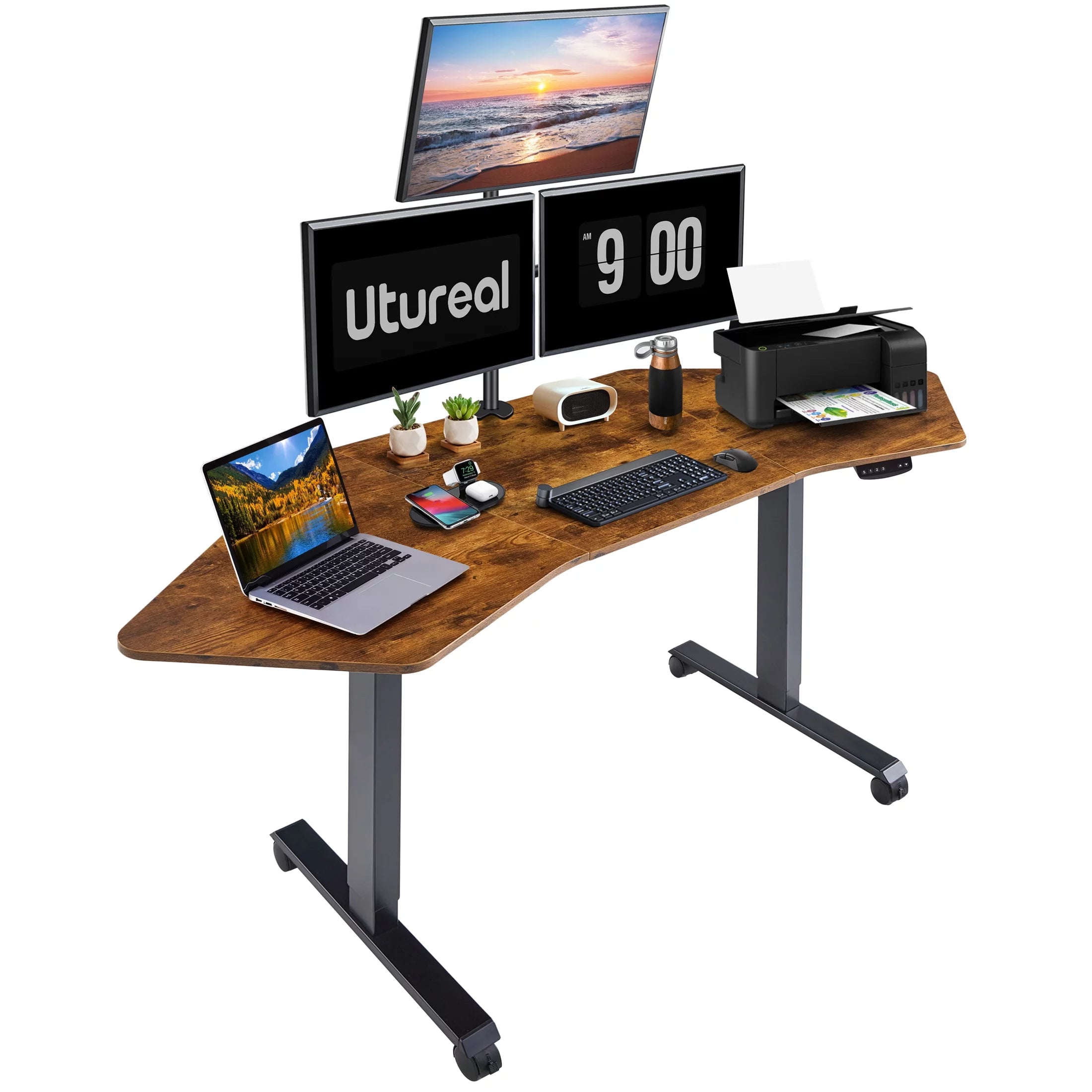 Utureal 71 Wing Shaped Standing Desk, Electric Adjustable Height Curved Corner Computer Desk, Brown