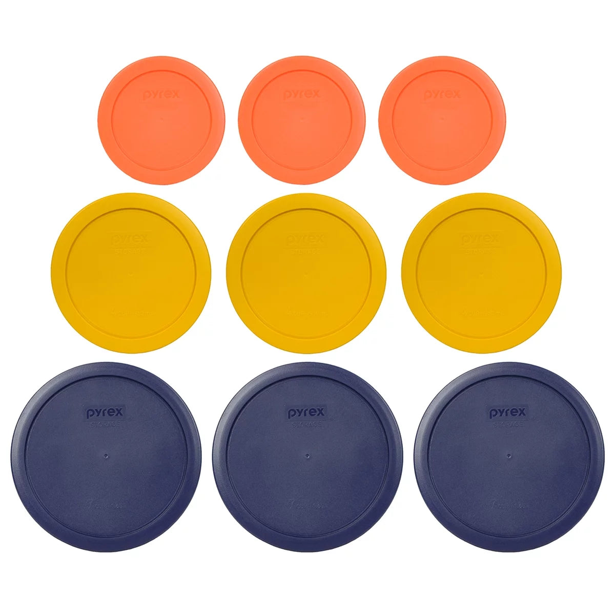 Pyrex Replacement Lid (3) 7200-PC 2-Cup Orange, (3) 7201-PC 4-Cup Butter Yellow, and (3) 7402-PC 6/7-Cup Blue Round Cover Combo, Bowls Sold Separately