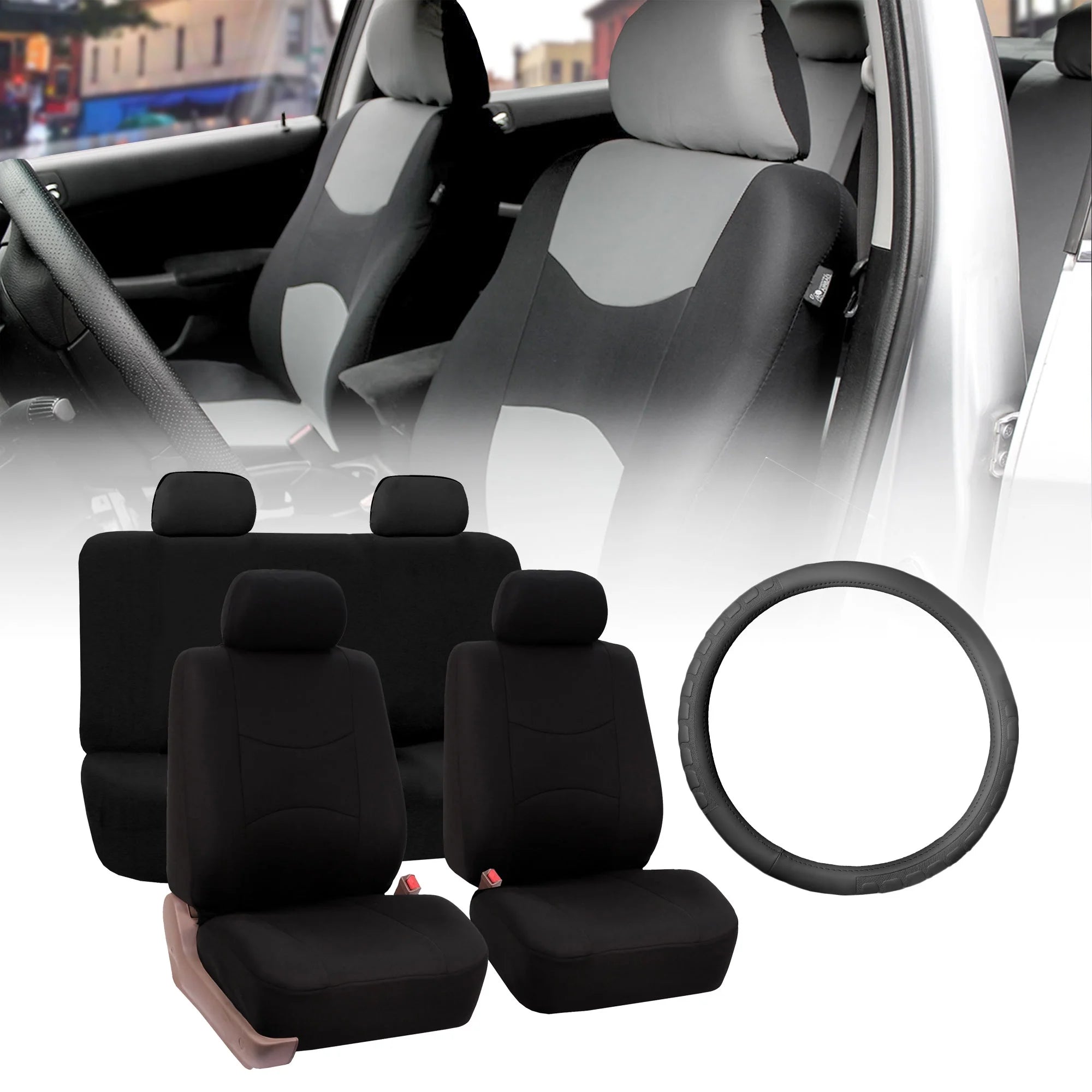 FH Group Flat Cloth Seat Covers for Auto, Full Set with Leather Steering Wheel Cover, Black Black