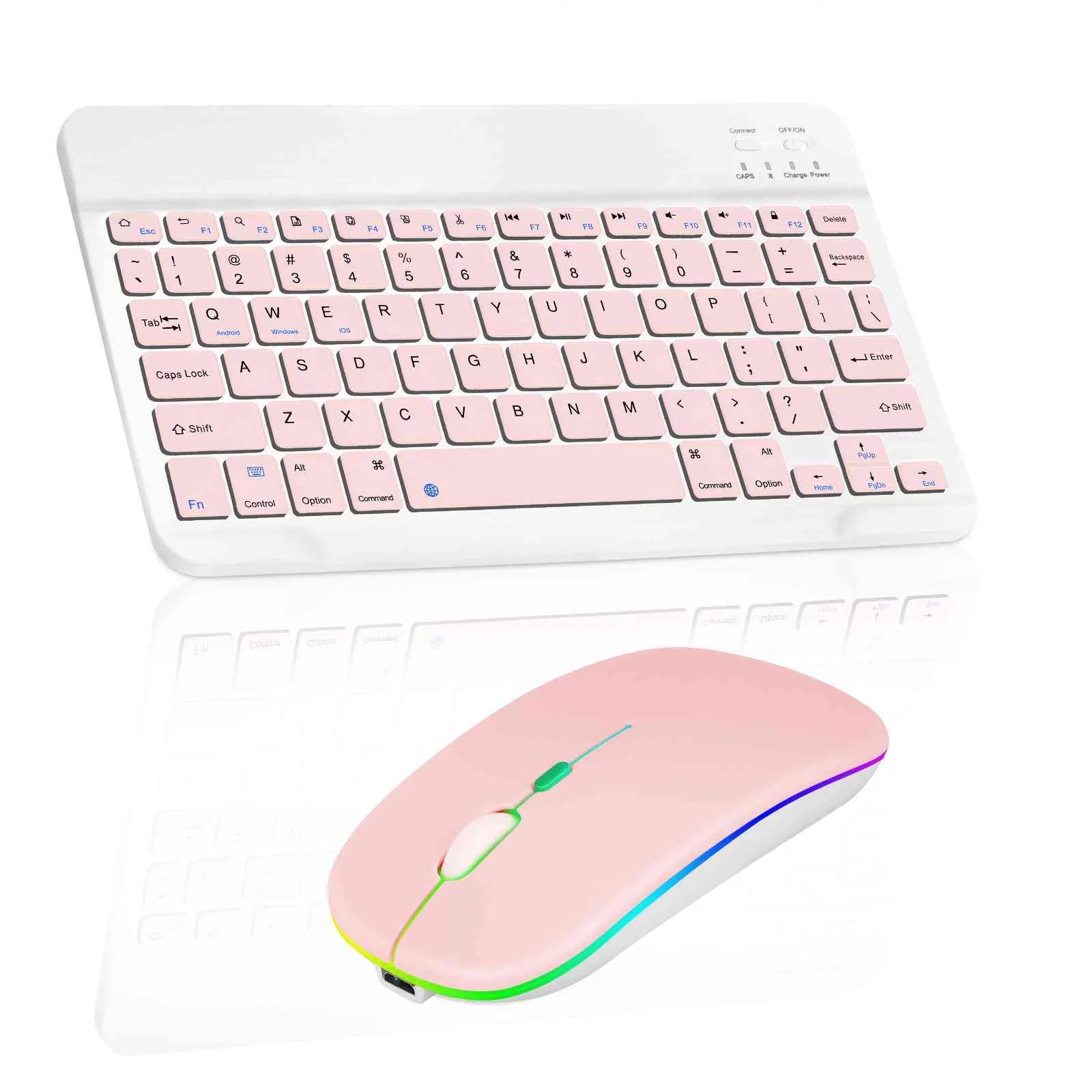 Rechargeable Bluetooth Keyboard and Mouse Combo Ultra Slim for Xiaomi Redmi 9C NFC and All Bluetooth Enabled Android/PC-Baby Pink Keyboard with Baby Pink RGB LED mouse