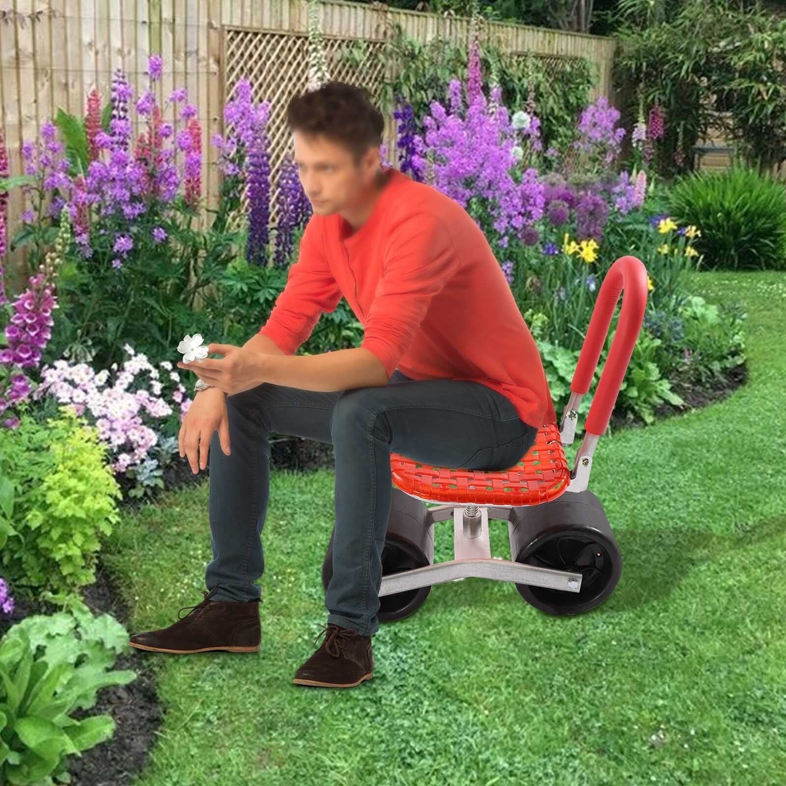 Garden Work Bench Seat Garden Stool with Wheels Can Be Raised + Lowered