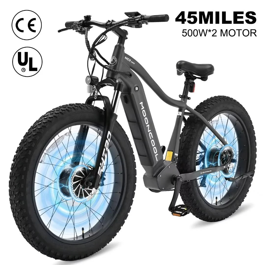LILYPELLE 26 Adult 7-Speed Electric Mountain Bike AWD, 4 Fat Tire ,19.98MPH,with 48V 15Ah removable battery,500W dual mottor ,for City Touring Trail Off-Road Hunting