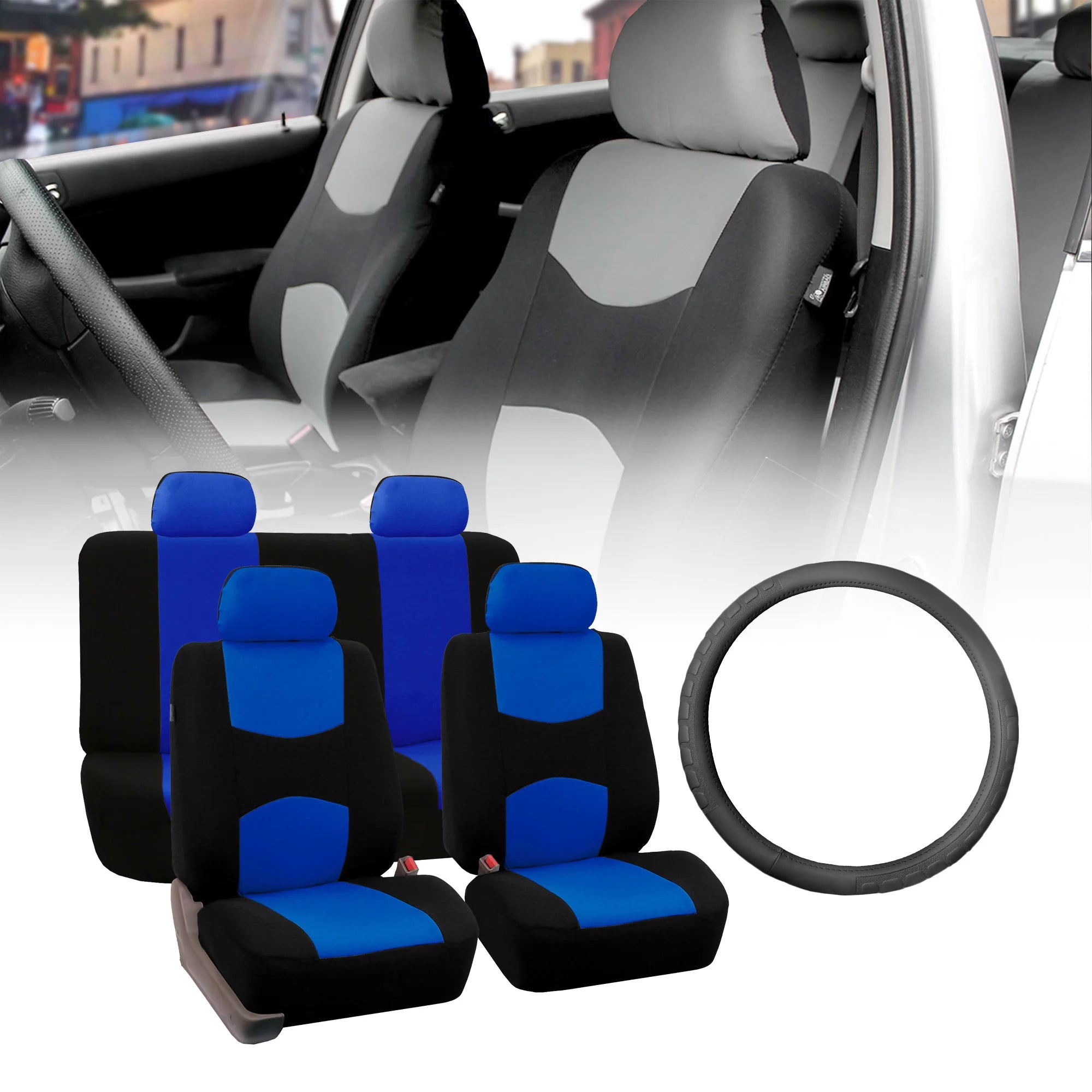 FH Group Flat Cloth Seat Covers for Auto, Full Set with Leather Steering Wheel Cover, Blue Black