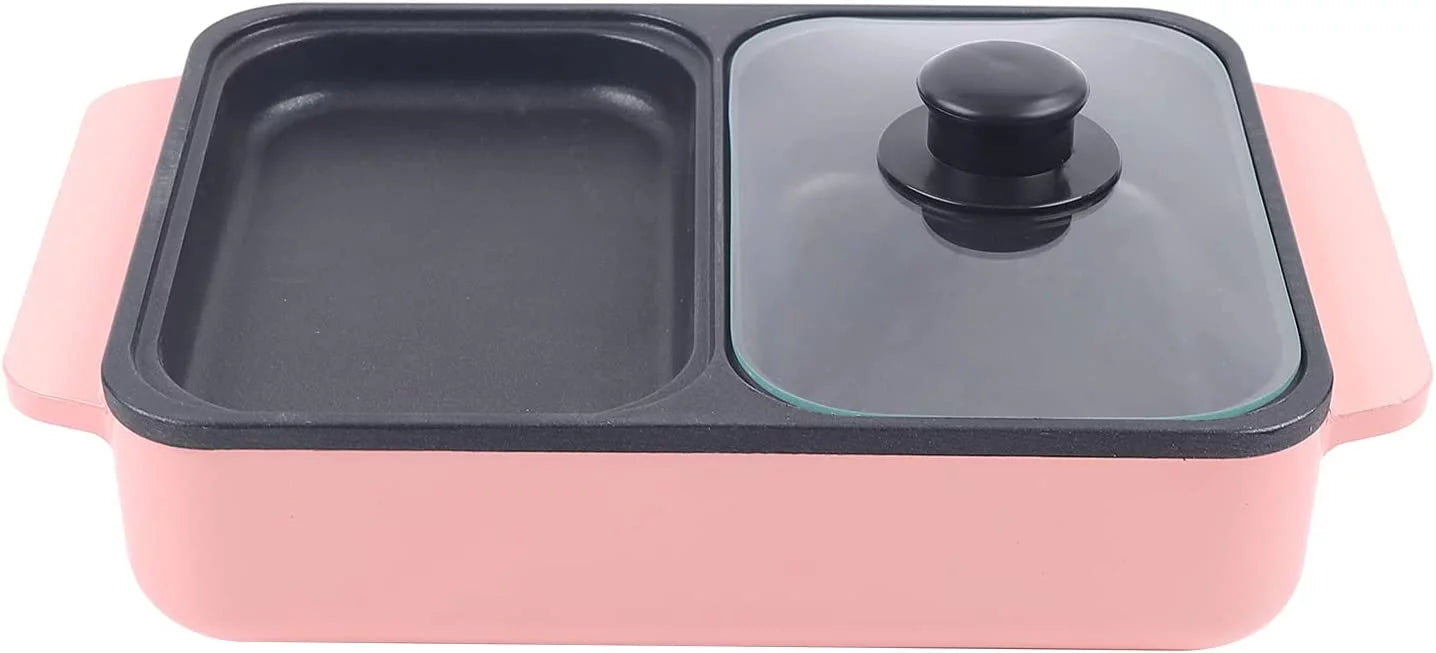 TFCFL 2 in 1 Electric BBQ Grill Pan Hot Pot Portable Indoor Kitchen BBQ Cooking Pan Pink