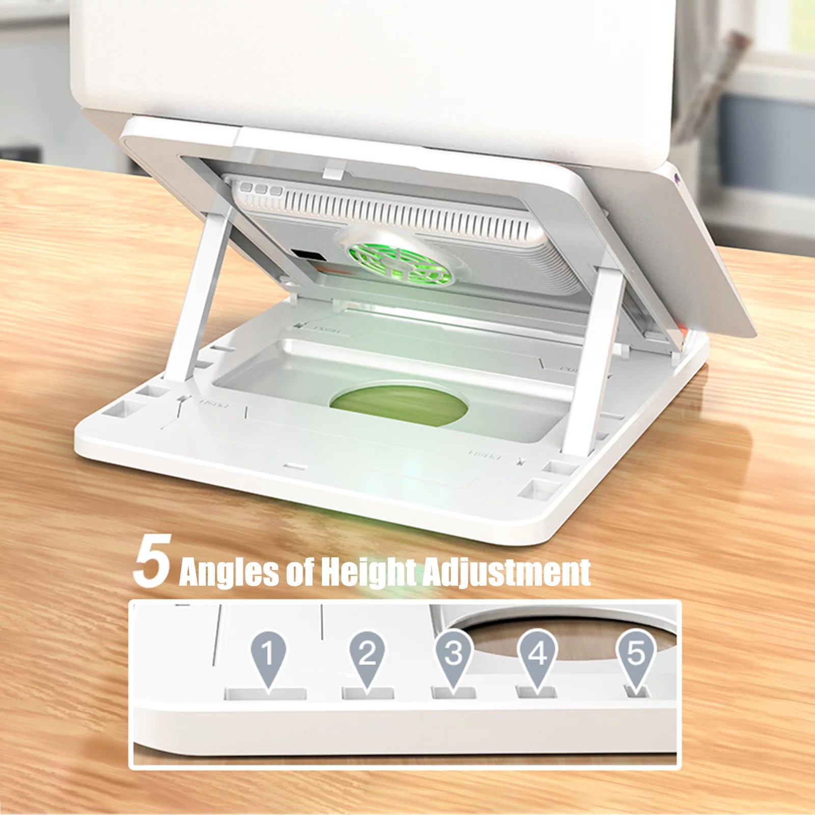 Dcenta Laptop Stand with Cooler, Foldable Notebook Riser, Adjustable Height Laptop Elevator for Cooling and Comfortable Computing